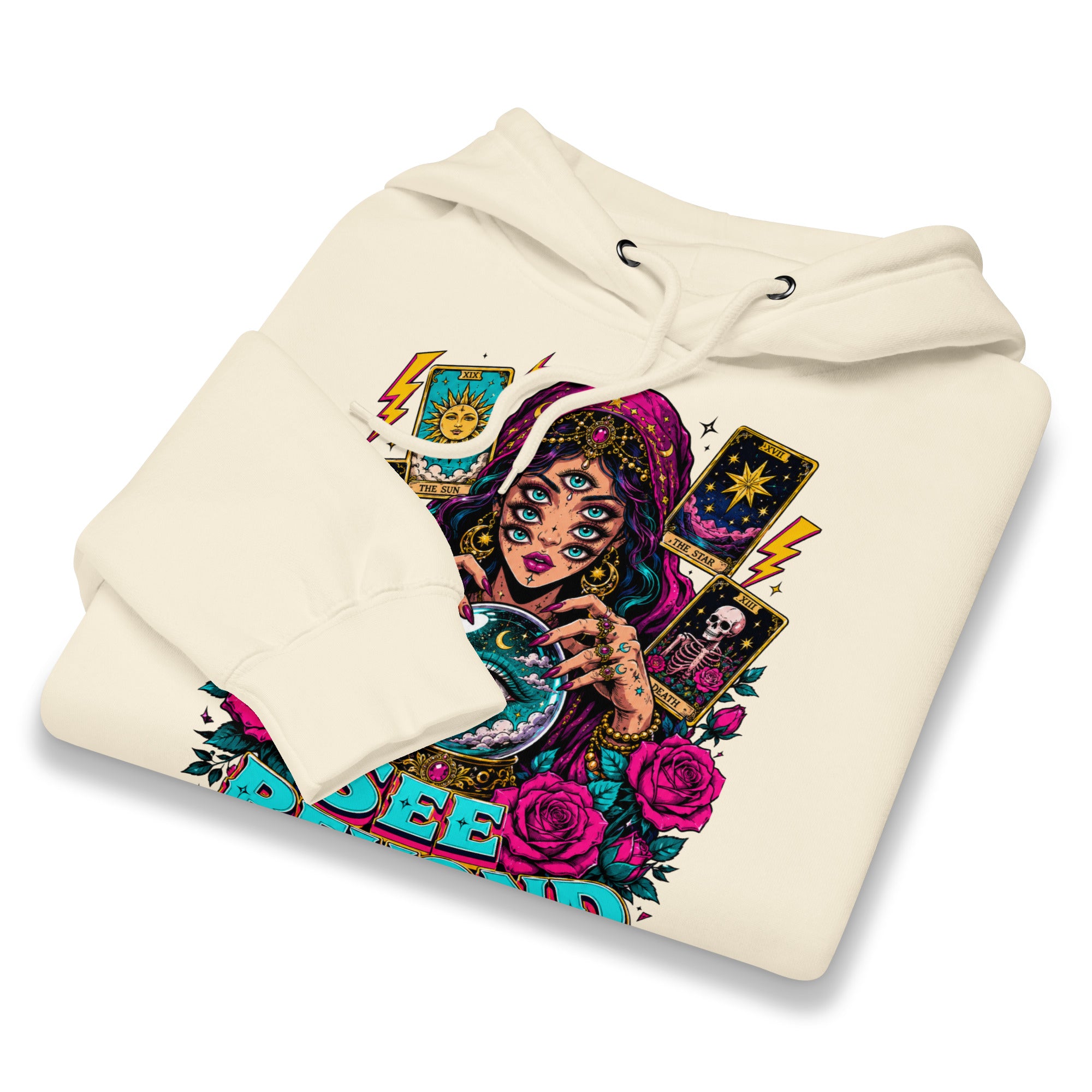 Tarot & Occult Lovers Unisex Premium Mid-Weight Hoodie with Multi-Eyed Fortune Teller and "See Beyond" Design by printfluence.net