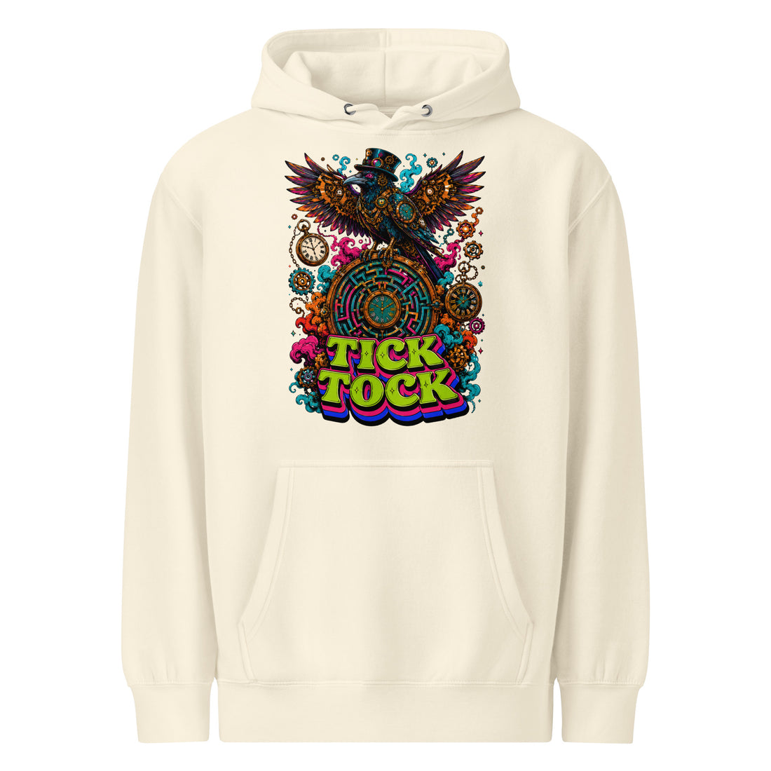 Horror and Mystery Lovers Unisex Essential Eco Hoodie — "Tick Tock" Mechanical Crow and Clockwork Labyrinth Design by printfluence.net