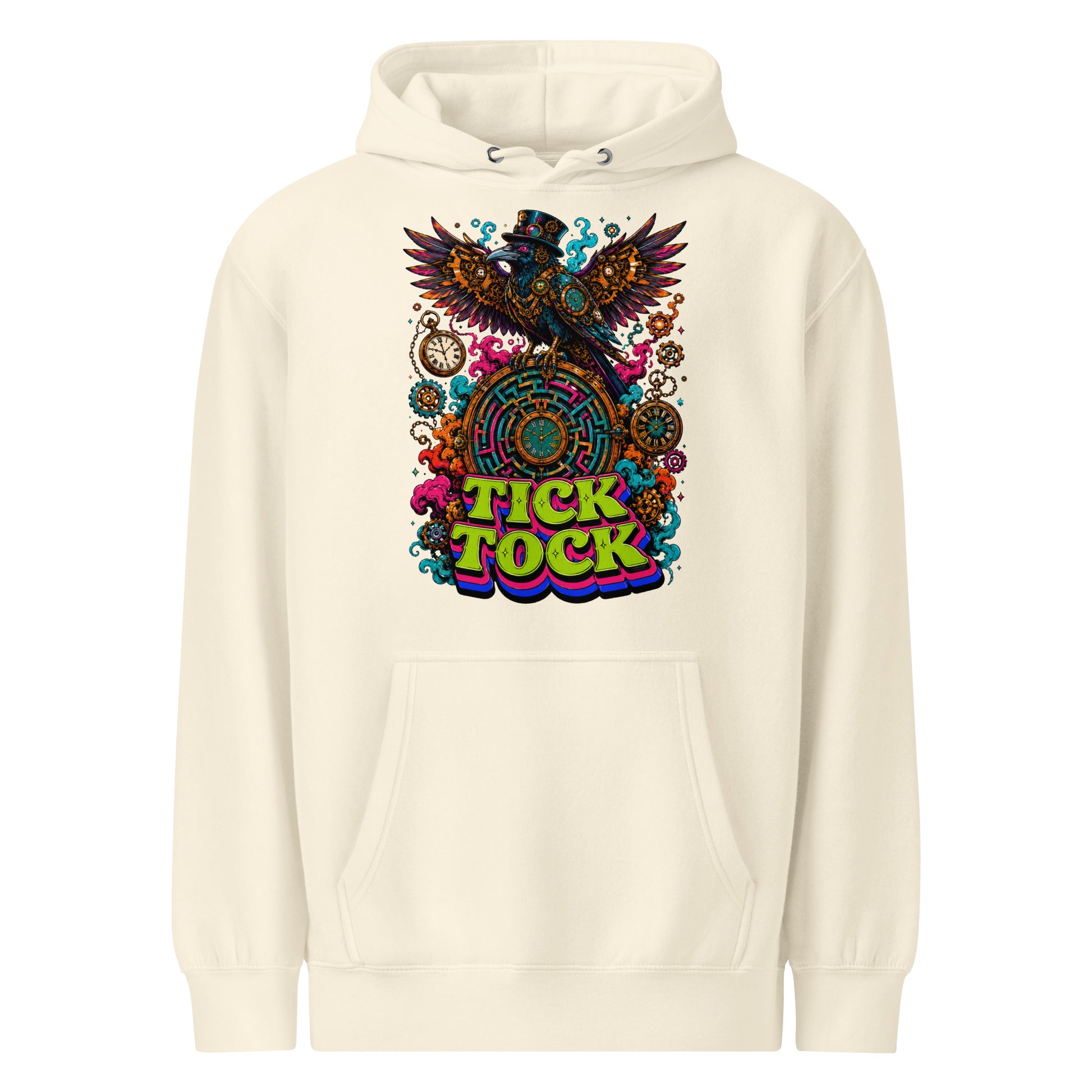 Horror and Mystery Lovers Unisex Essential Eco Hoodie — "Tick Tock" Mechanical Crow and Clockwork Labyrinth Design by printfluence.net