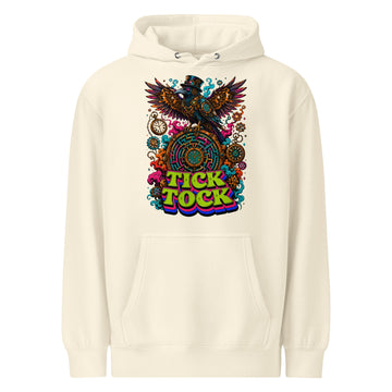 Horror and Mystery Lovers Unisex Essential Eco Hoodie — "Tick Tock" Mechanical Crow and Clockwork Labyrinth Design by printfluence.net