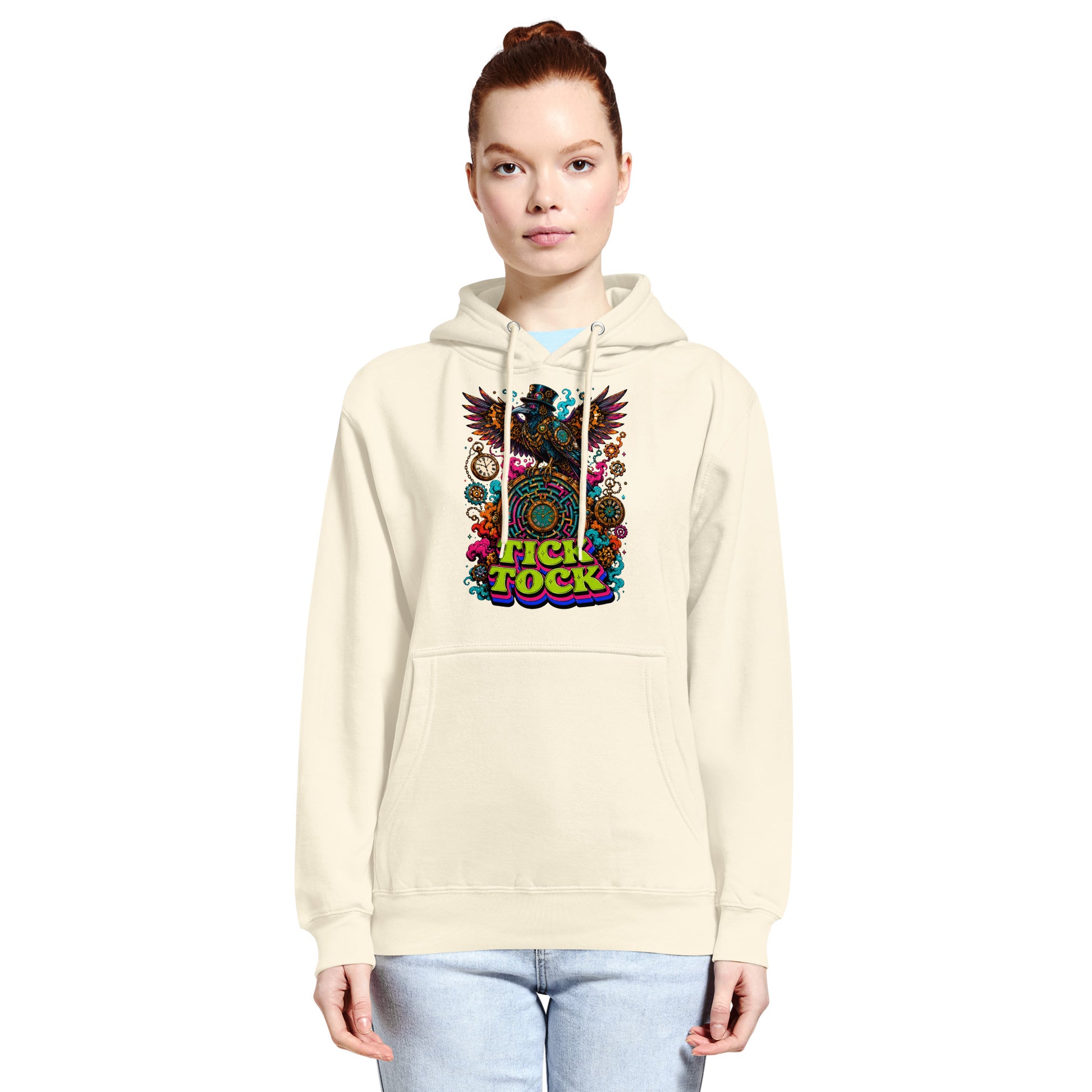 Horror and Mystery Lovers Unisex Essential Eco Hoodie — "Tick Tock" Mechanical Crow and Clockwork Labyrinth Design by printfluence.net