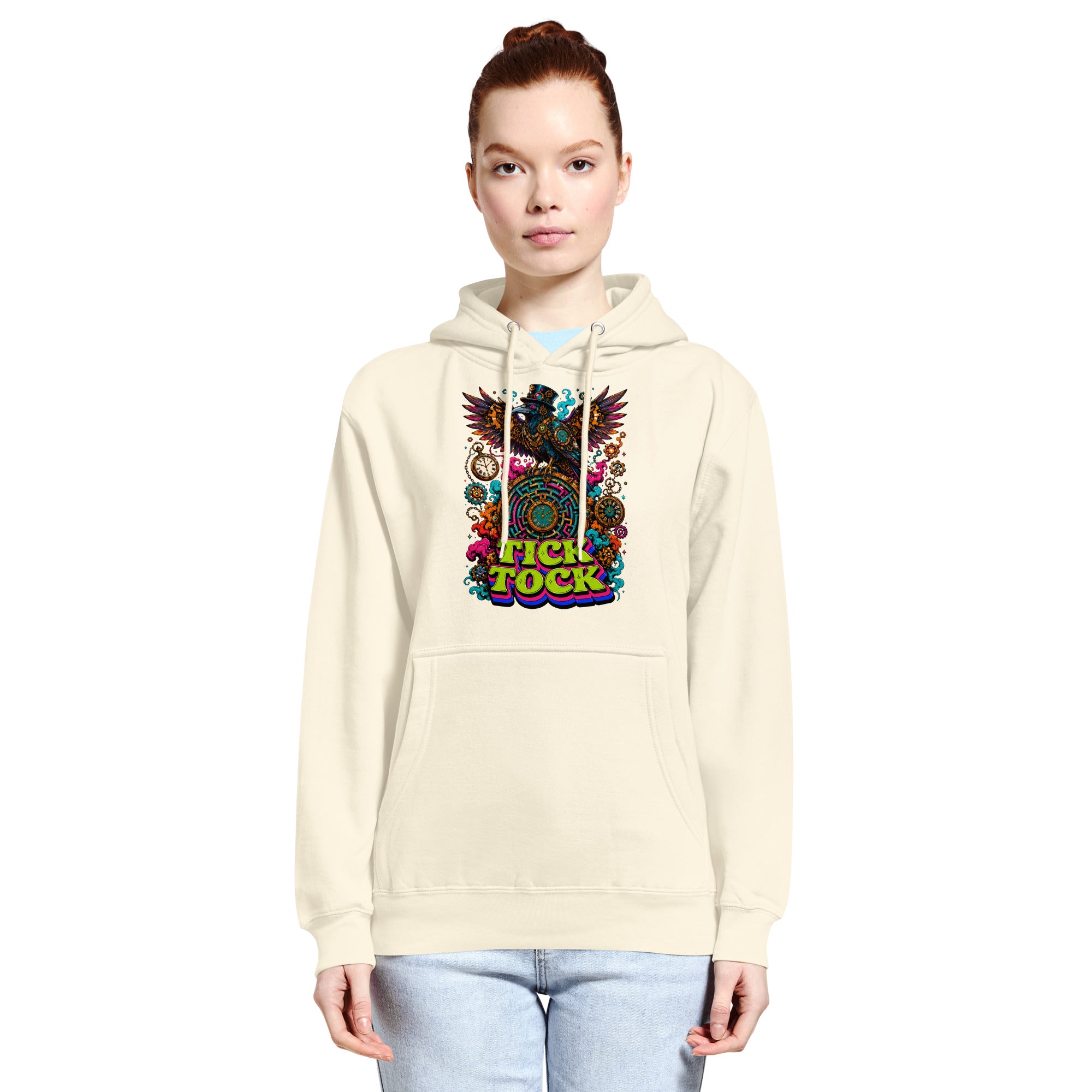Horror and Mystery Lovers Unisex Essential Eco Hoodie — "Tick Tock" Mechanical Crow and Clockwork Labyrinth Design by printfluence.net