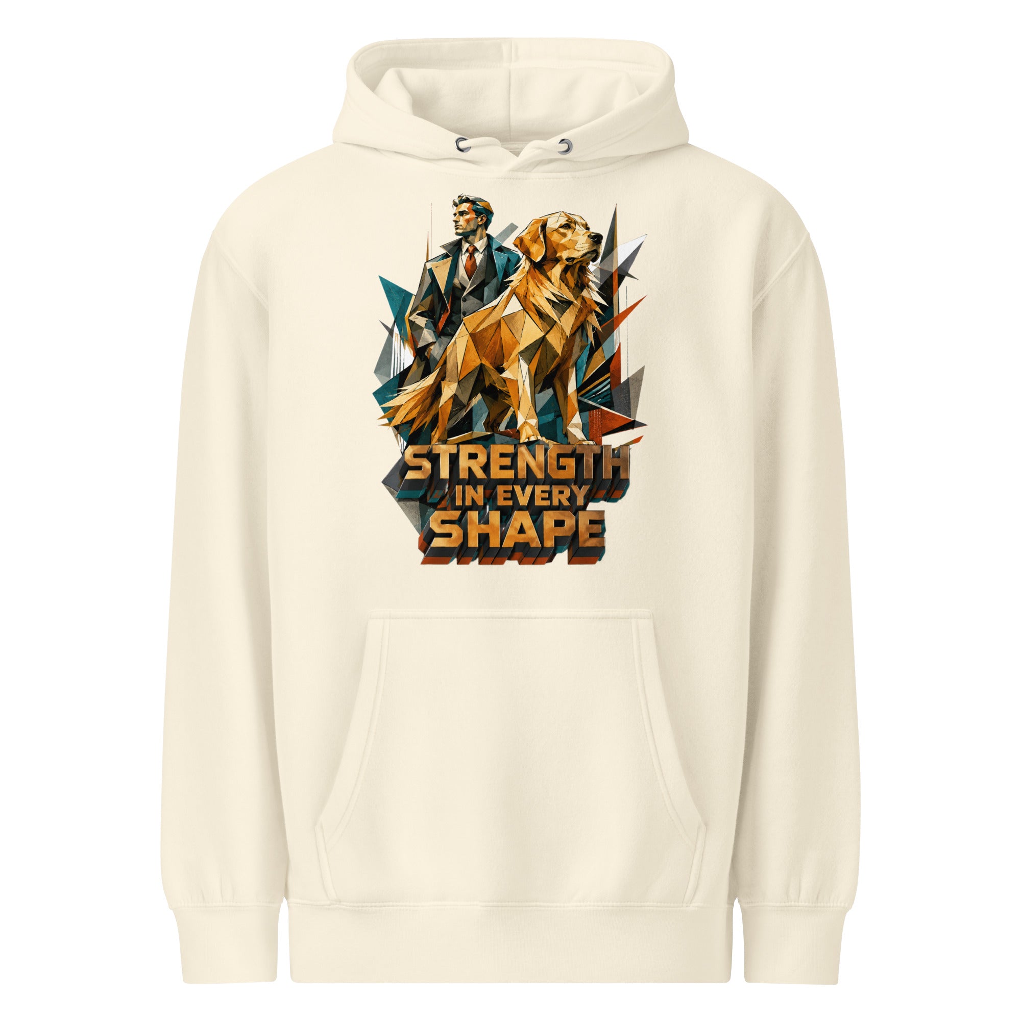 Golden Retriever Lovers Unisex Premium Mid-Weight Hoodie — "Strength in Every Shape" Geometric Detective and Golden Dog Design by printfluence.net