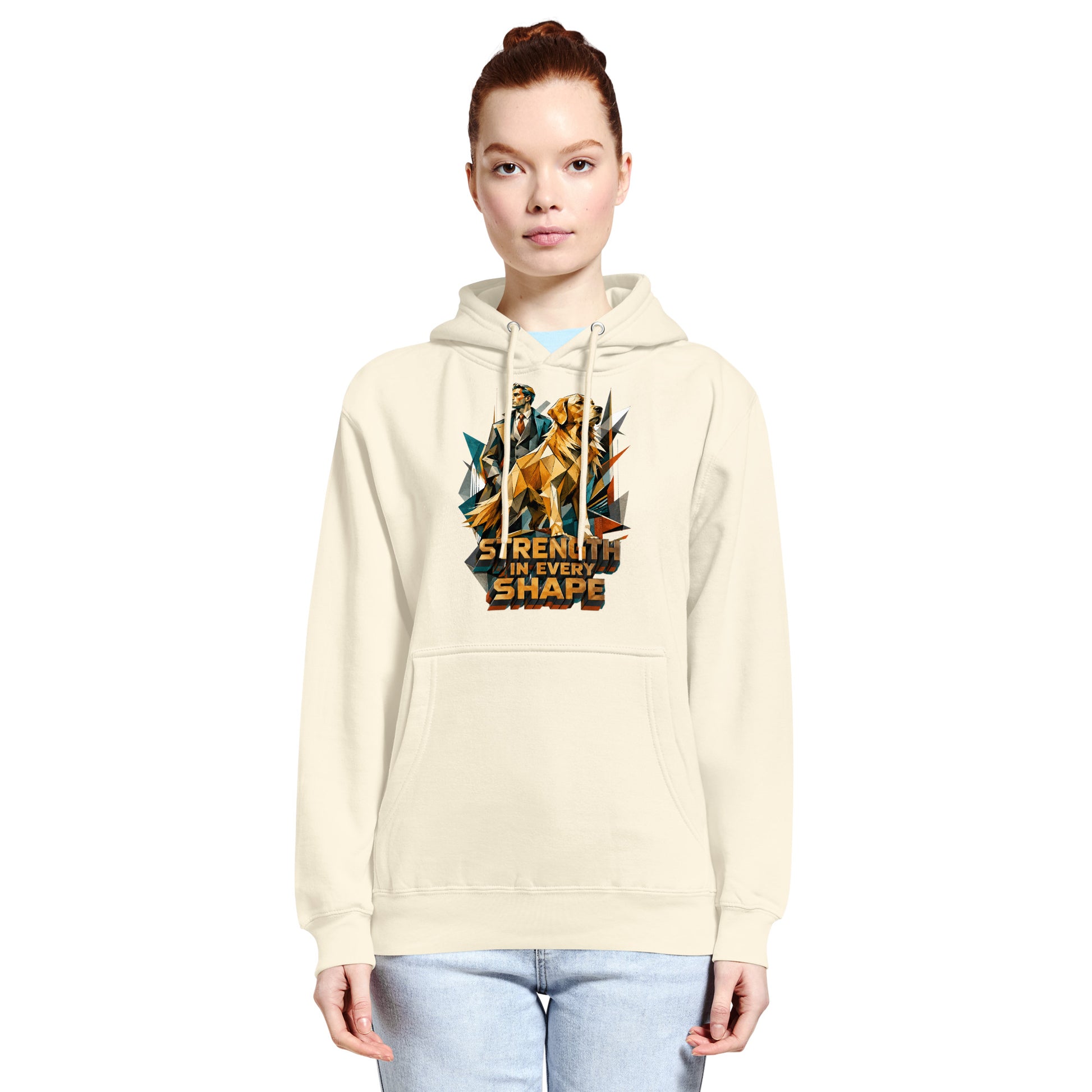 Golden Retriever Lovers Unisex Premium Mid-Weight Hoodie — "Strength in Every Shape" Geometric Detective and Golden Dog Design by printfluence.net