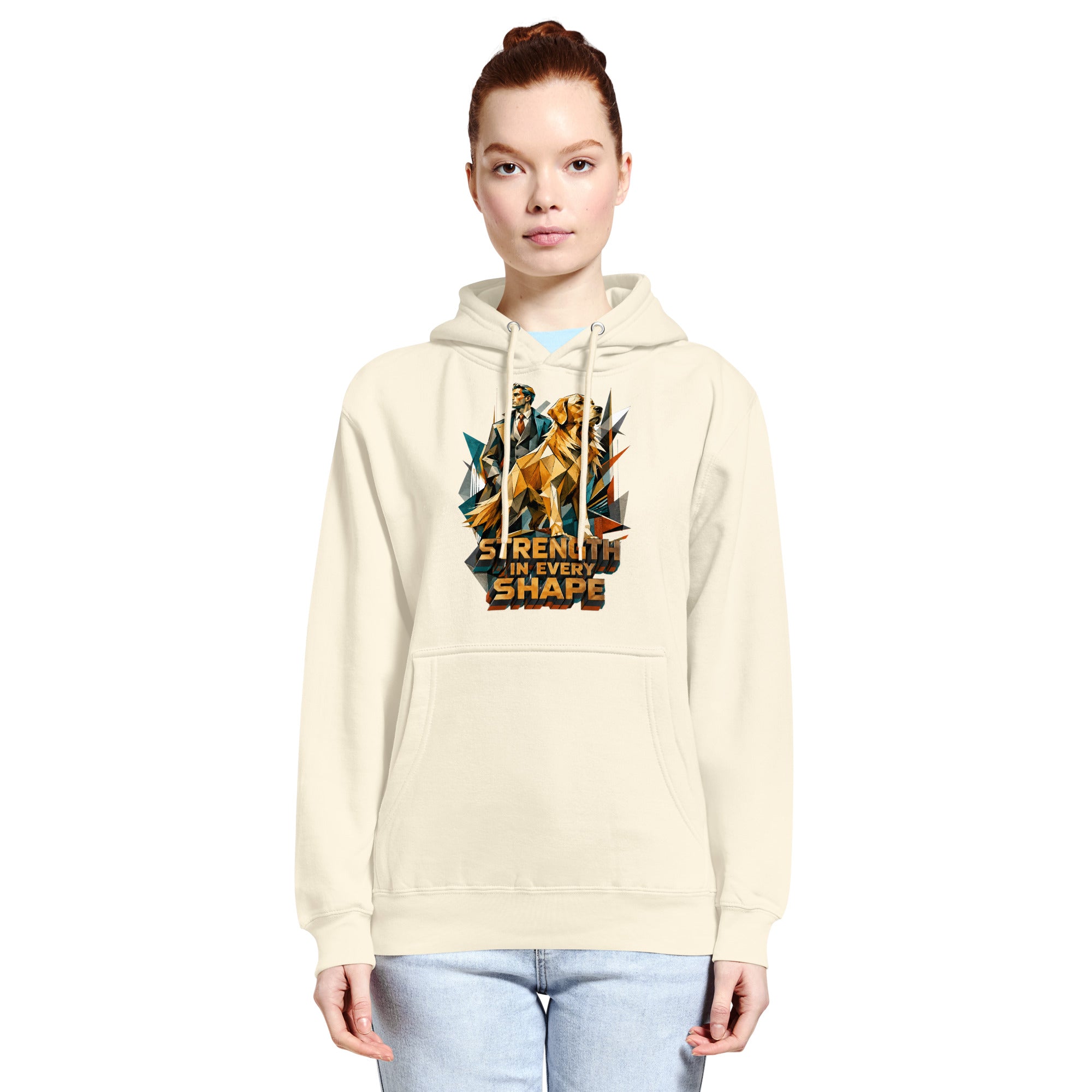 Golden Retriever Lovers Unisex Premium Mid-Weight Hoodie — "Strength in Every Shape" Geometric Detective and Golden Dog Design by printfluence.net