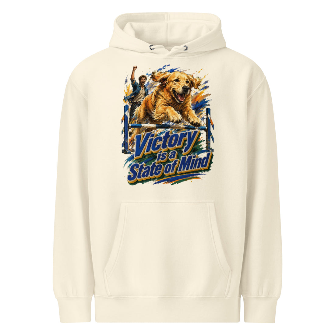 Golden Retriever Lovers Unisex Premium Mid-Weight Hoodie — "Victory is a State of Mind" Agility Jumping Dog and Owner Design by printfluence.net