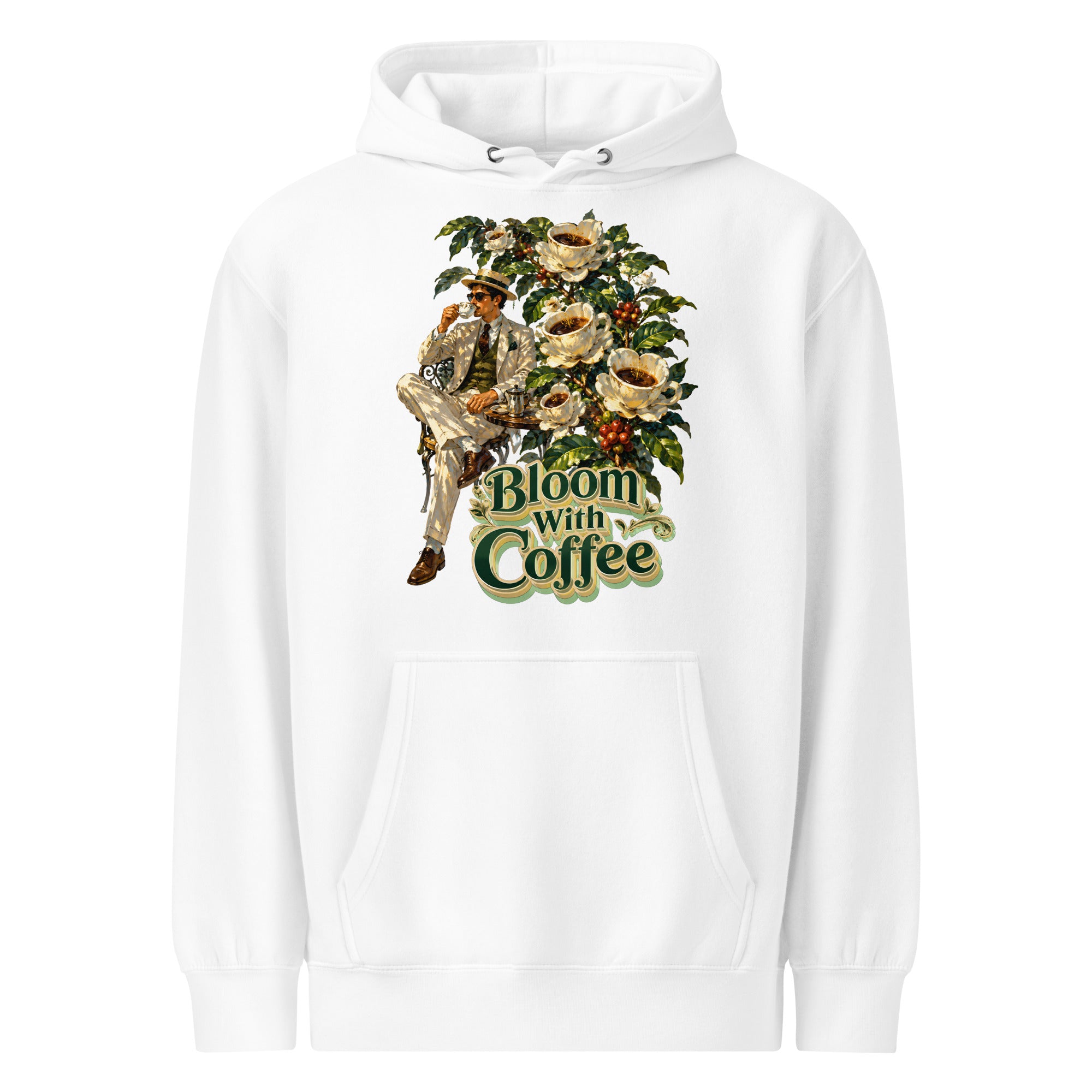 Coffee Lovers Unisex Premium Mid-Weight Hoodie Bloom with Coffee – Vintage Botanical & Gentleman Graphic Pullover by printfluence.net