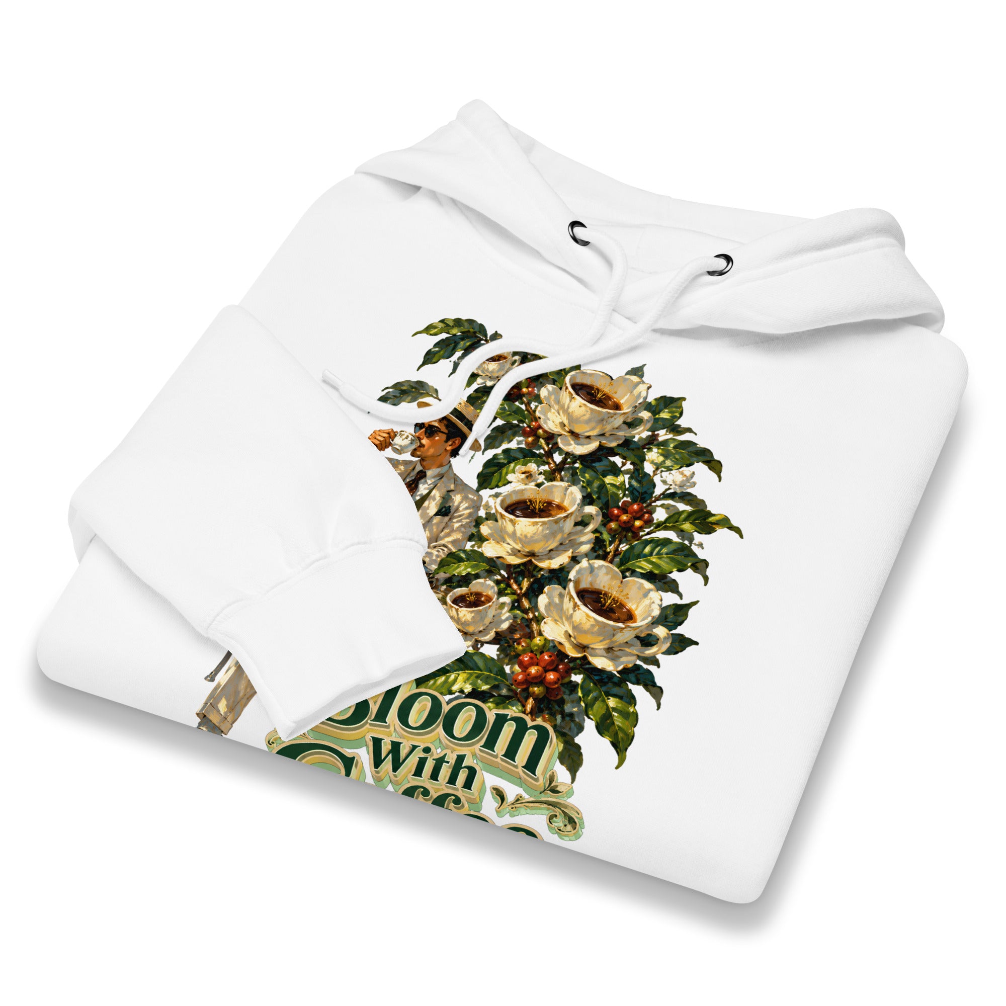 Coffee Lovers Unisex Premium Mid-Weight Hoodie Bloom with Coffee – Vintage Botanical & Gentleman Graphic Pullover by printfluence.net