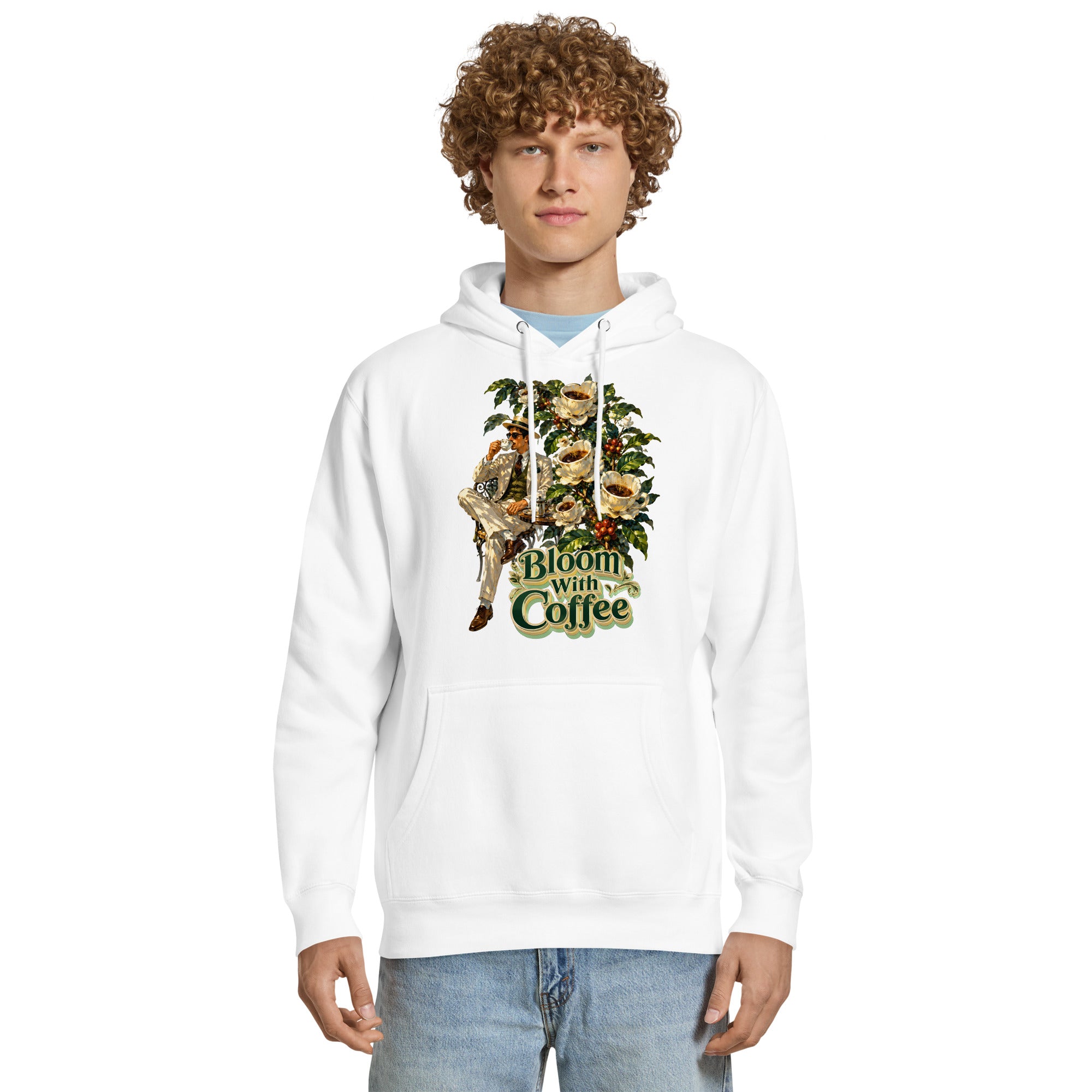 Coffee Lovers Unisex Premium Mid-Weight Hoodie Bloom with Coffee – Vintage Botanical & Gentleman Graphic Pullover by printfluence.net