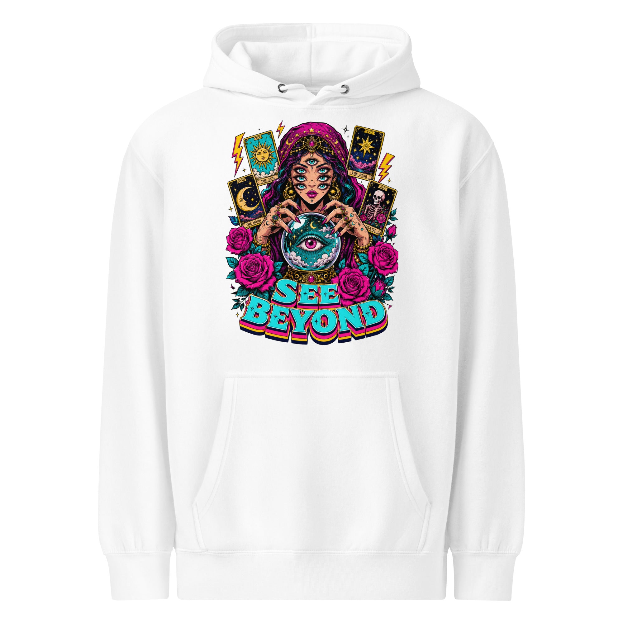 Tarot & Occult Lovers Unisex Premium Mid-Weight Hoodie with Multi-Eyed Fortune Teller and "See Beyond" Design by printfluence.net