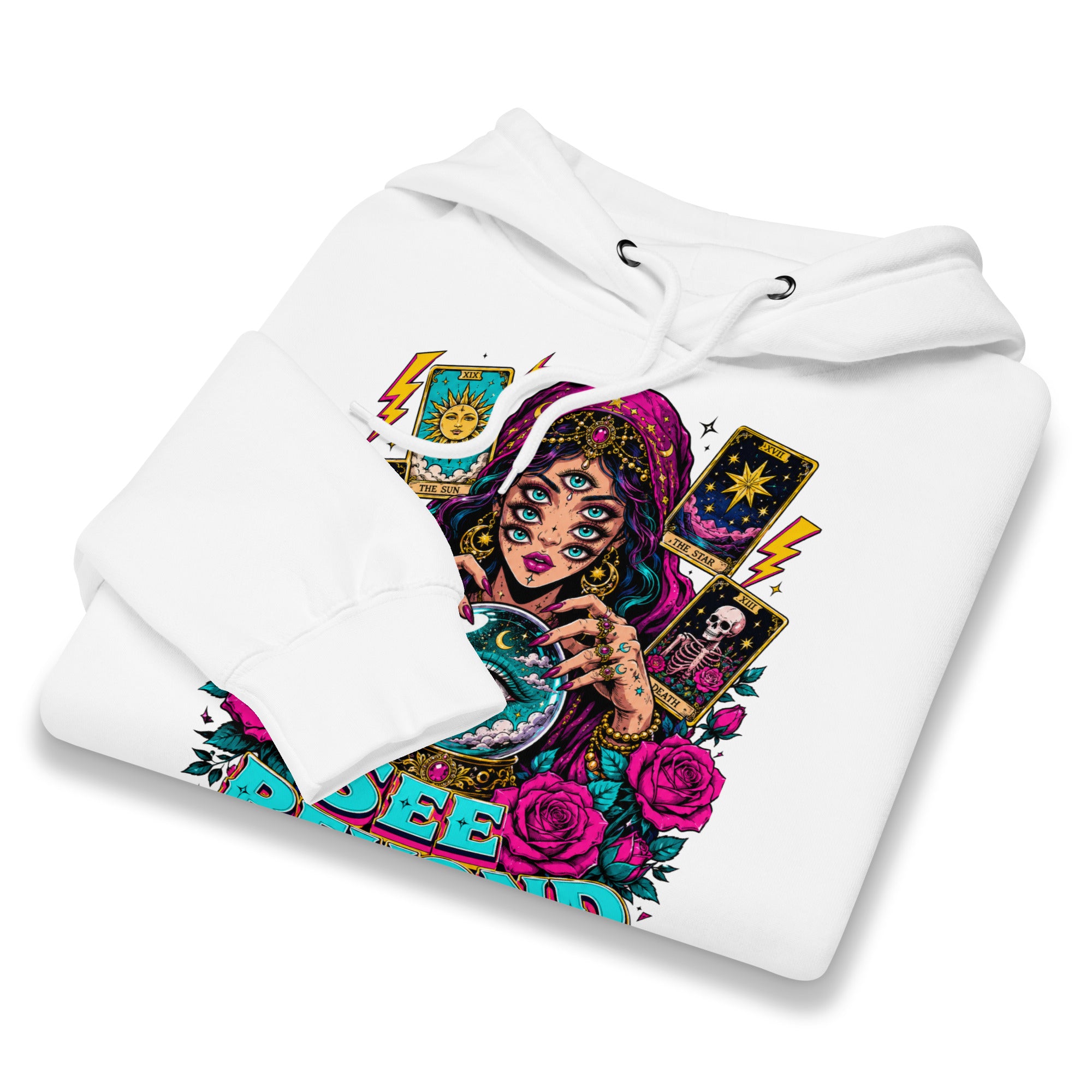 Tarot & Occult Lovers Unisex Premium Mid-Weight Hoodie with Multi-Eyed Fortune Teller and "See Beyond" Design by printfluence.net