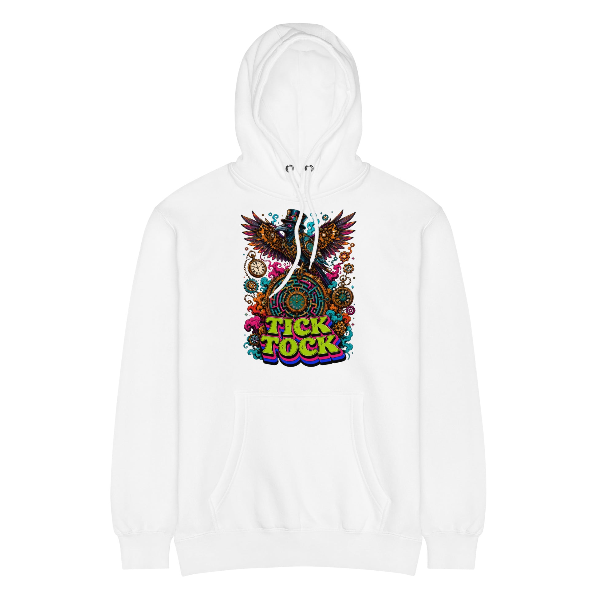 Horror and Mystery Lovers Unisex Essential Eco Hoodie — "Tick Tock" Mechanical Crow and Clockwork Labyrinth Design by printfluence.net