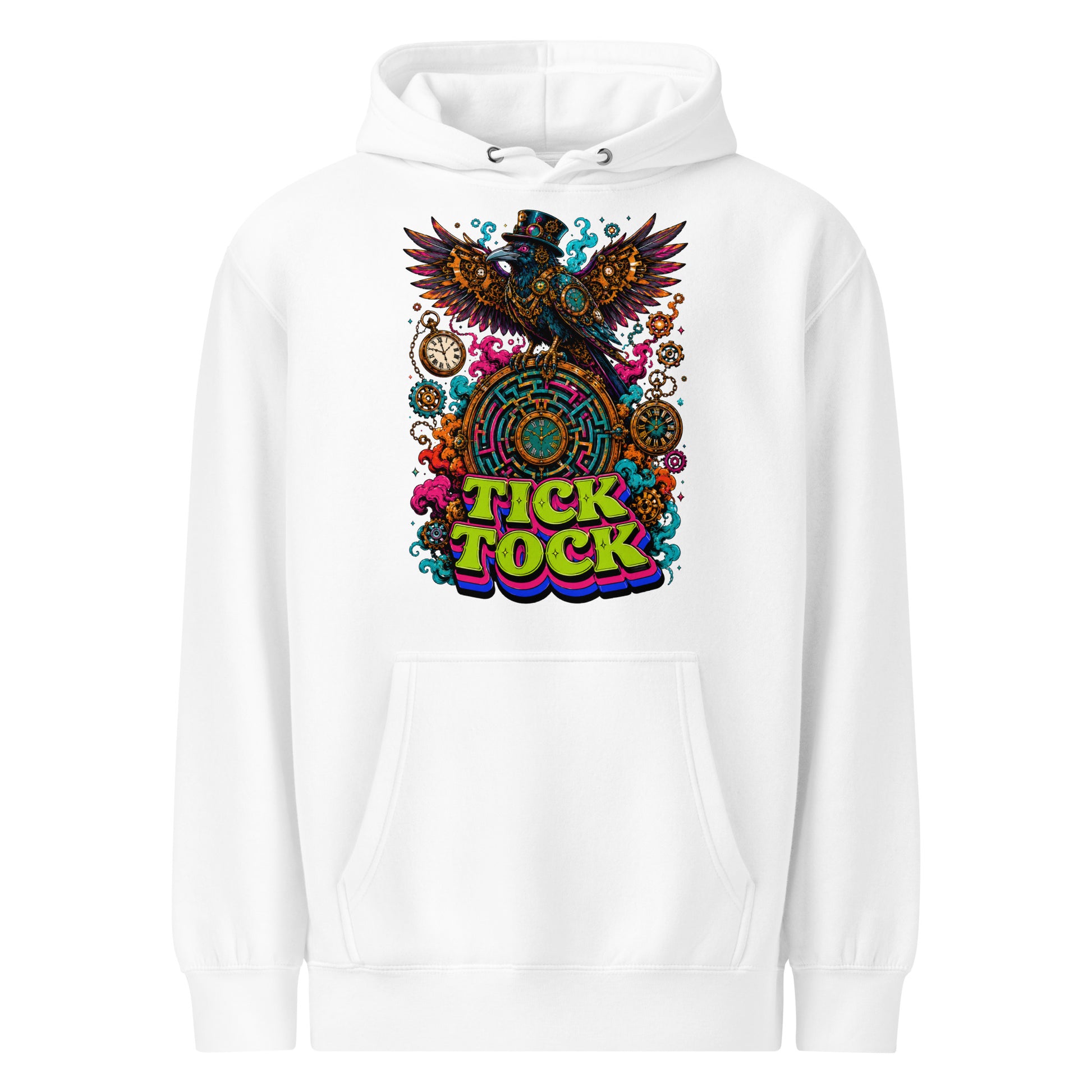 Horror and Mystery Lovers Unisex Essential Eco Hoodie — "Tick Tock" Mechanical Crow and Clockwork Labyrinth Design by printfluence.net