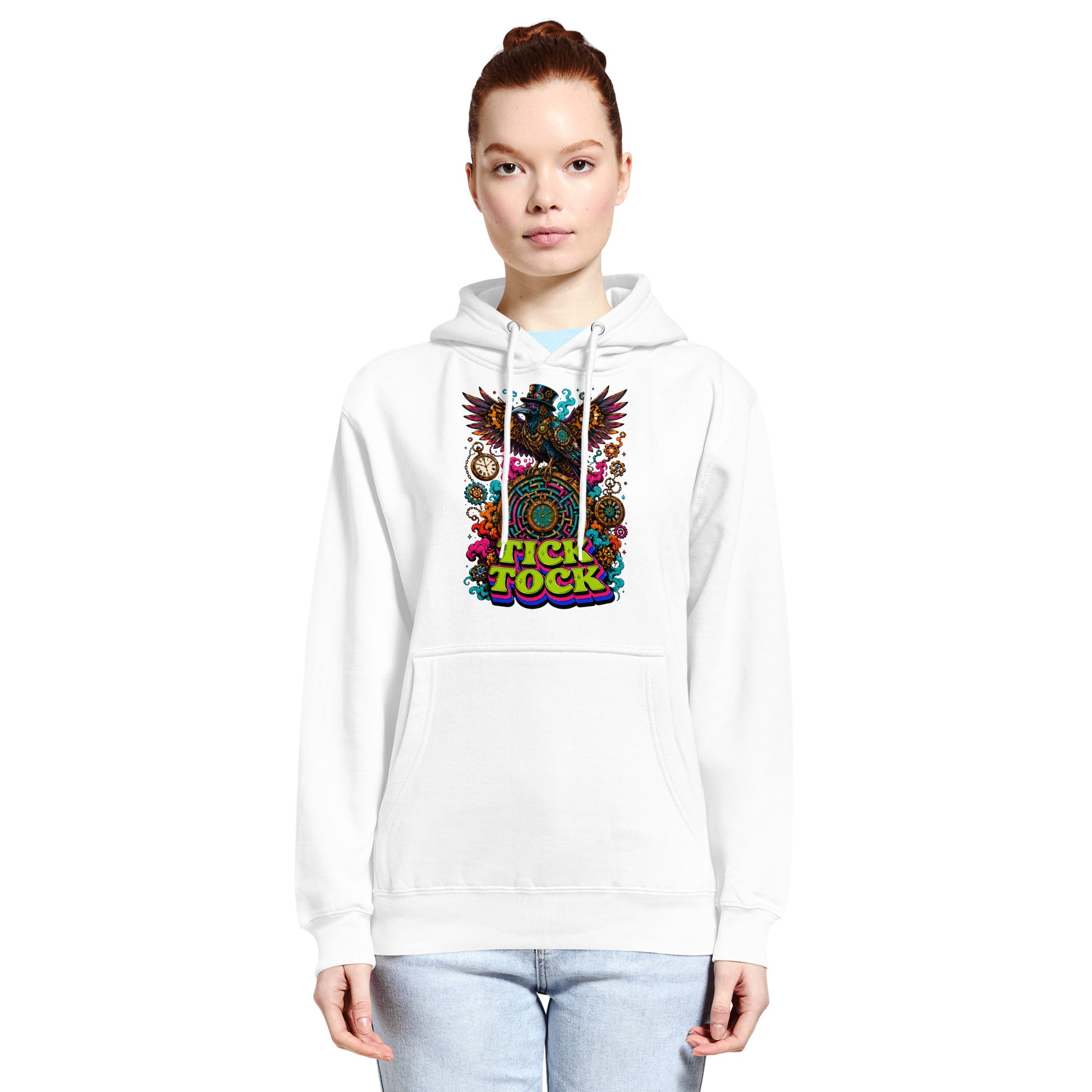 Horror and Mystery Lovers Unisex Essential Eco Hoodie — "Tick Tock" Mechanical Crow and Clockwork Labyrinth Design by printfluence.net