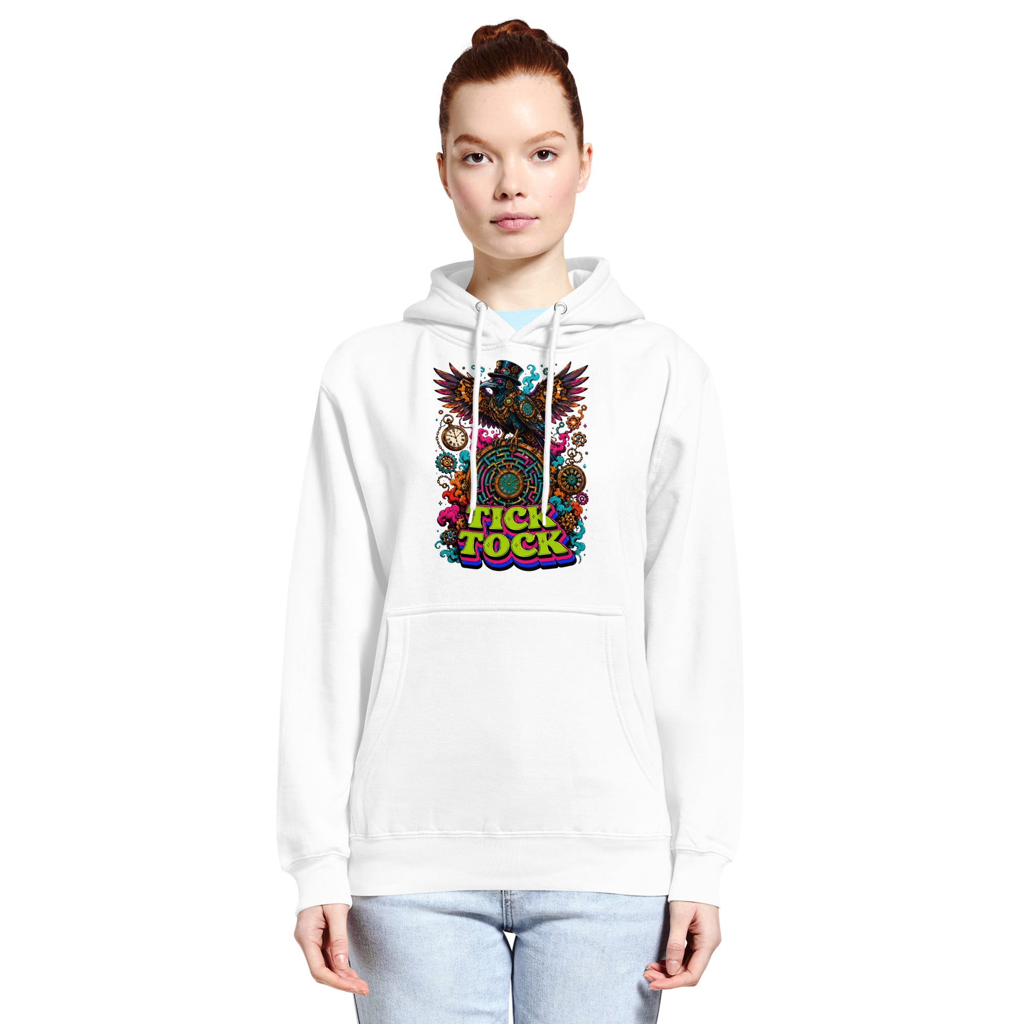 Horror and Mystery Lovers Unisex Essential Eco Hoodie — "Tick Tock" Mechanical Crow and Clockwork Labyrinth Design by printfluence.net