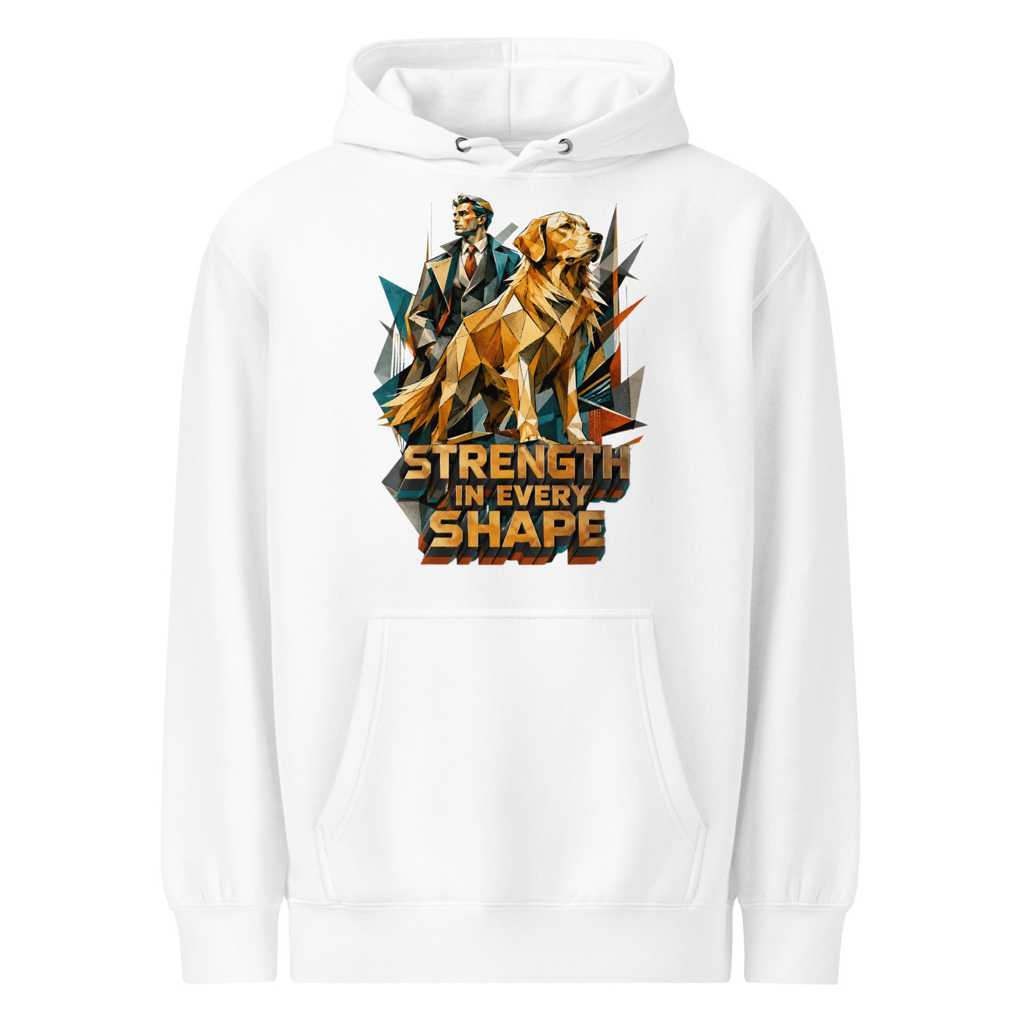 Golden Retriever Lovers Unisex Premium Mid-Weight Hoodie — "Strength in Every Shape" Geometric Detective and Golden Dog Design by printfluence.net