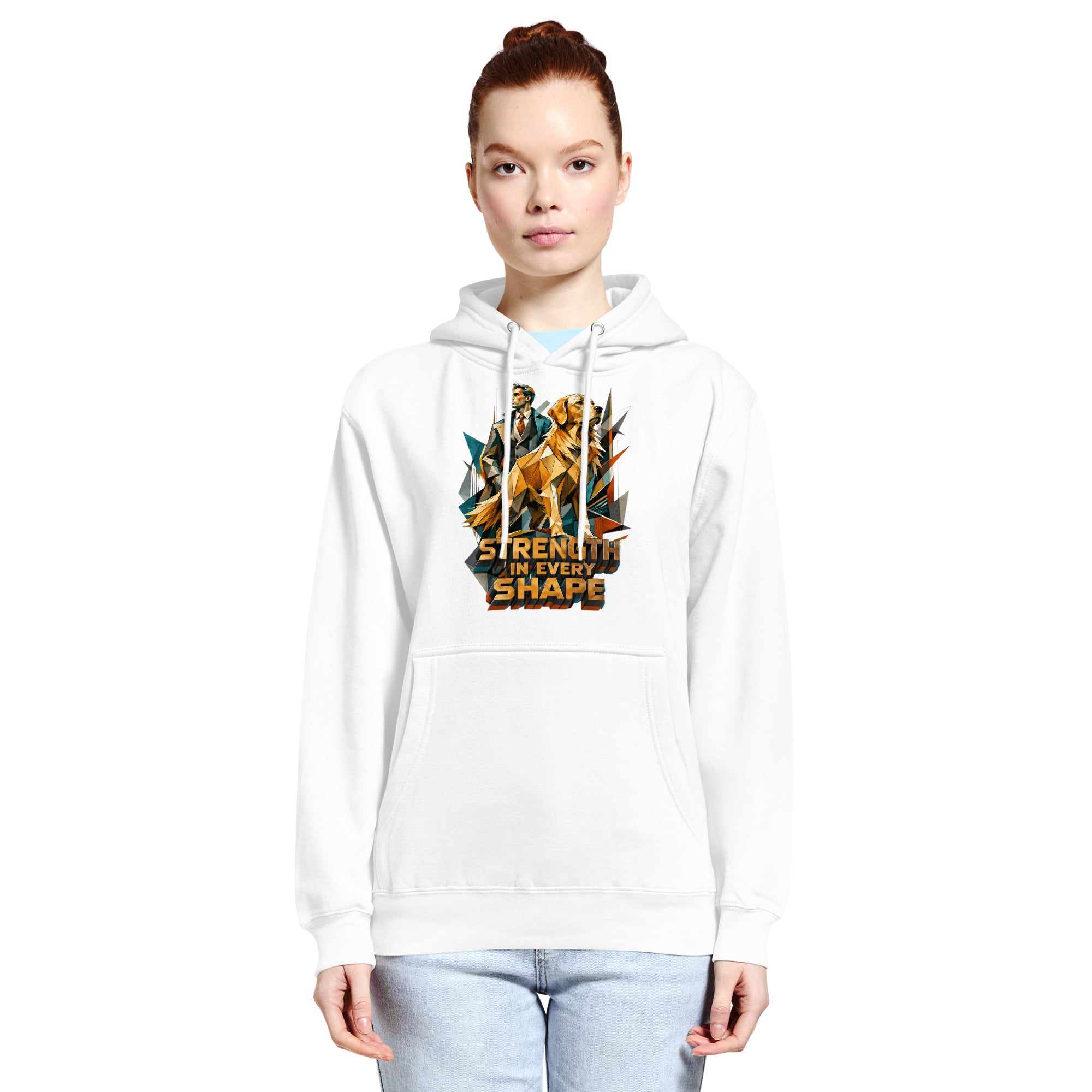 Golden Retriever Lovers Unisex Premium Mid-Weight Hoodie — "Strength in Every Shape" Geometric Detective and Golden Dog Design by printfluence.net