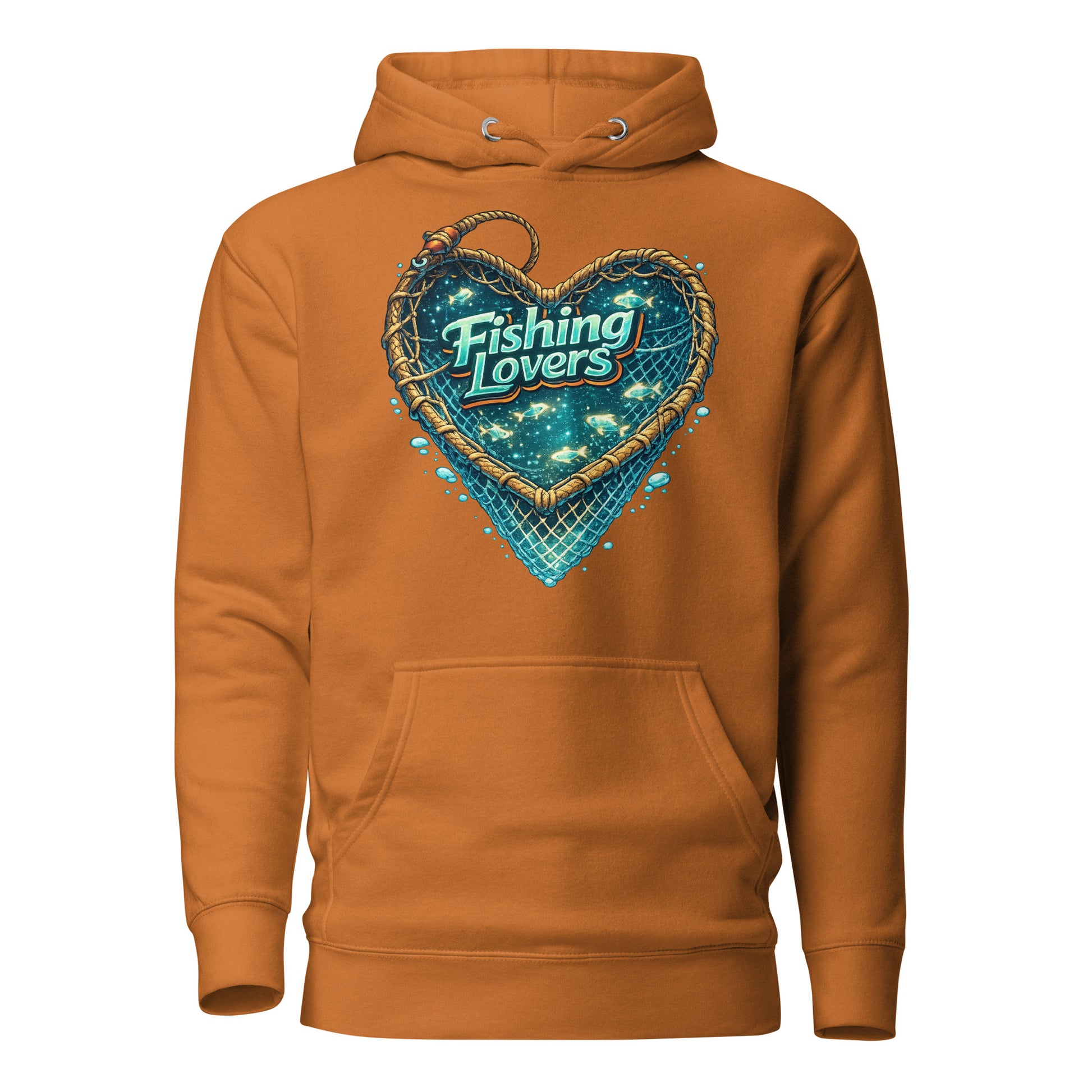 Fishing Lovers Hoodie - Premium Heart Fish Net Graphic Pullover for Anglers & Coffee Lovers by printfluence.net