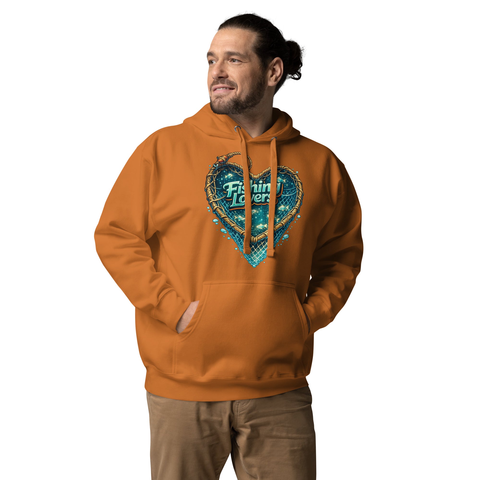 Fishing Lovers Hoodie - Premium Heart Fish Net Graphic Pullover for Anglers & Coffee Lovers by printfluence.net