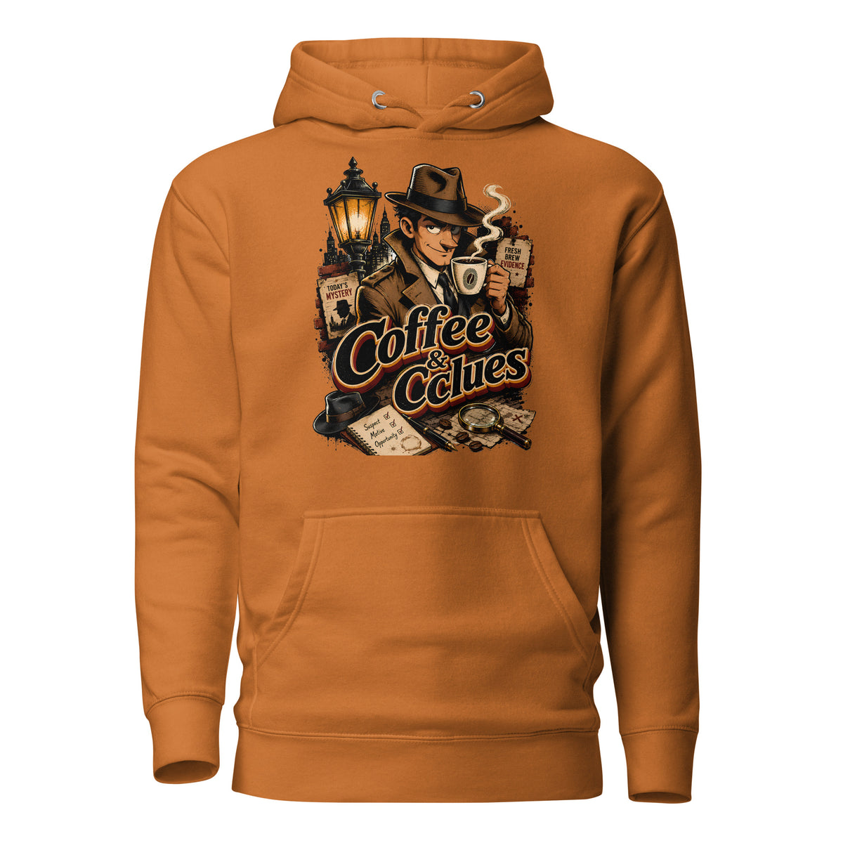 Coffee Lovers Unisex Hoodie Coffee & Clues – Noir Detective Style Graphic Pullover by printfluence.net