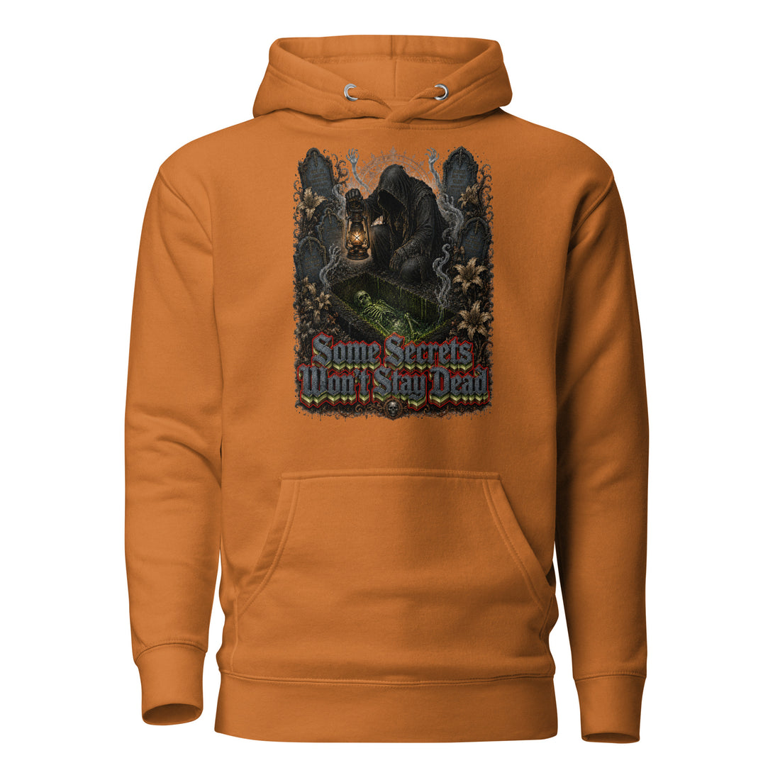 Horror & Mystery Lovers Unisex Premium Pullover Hoodie with Grave Keeper and "Some Secrets Won't Stay Dead" Design by printfluence.net