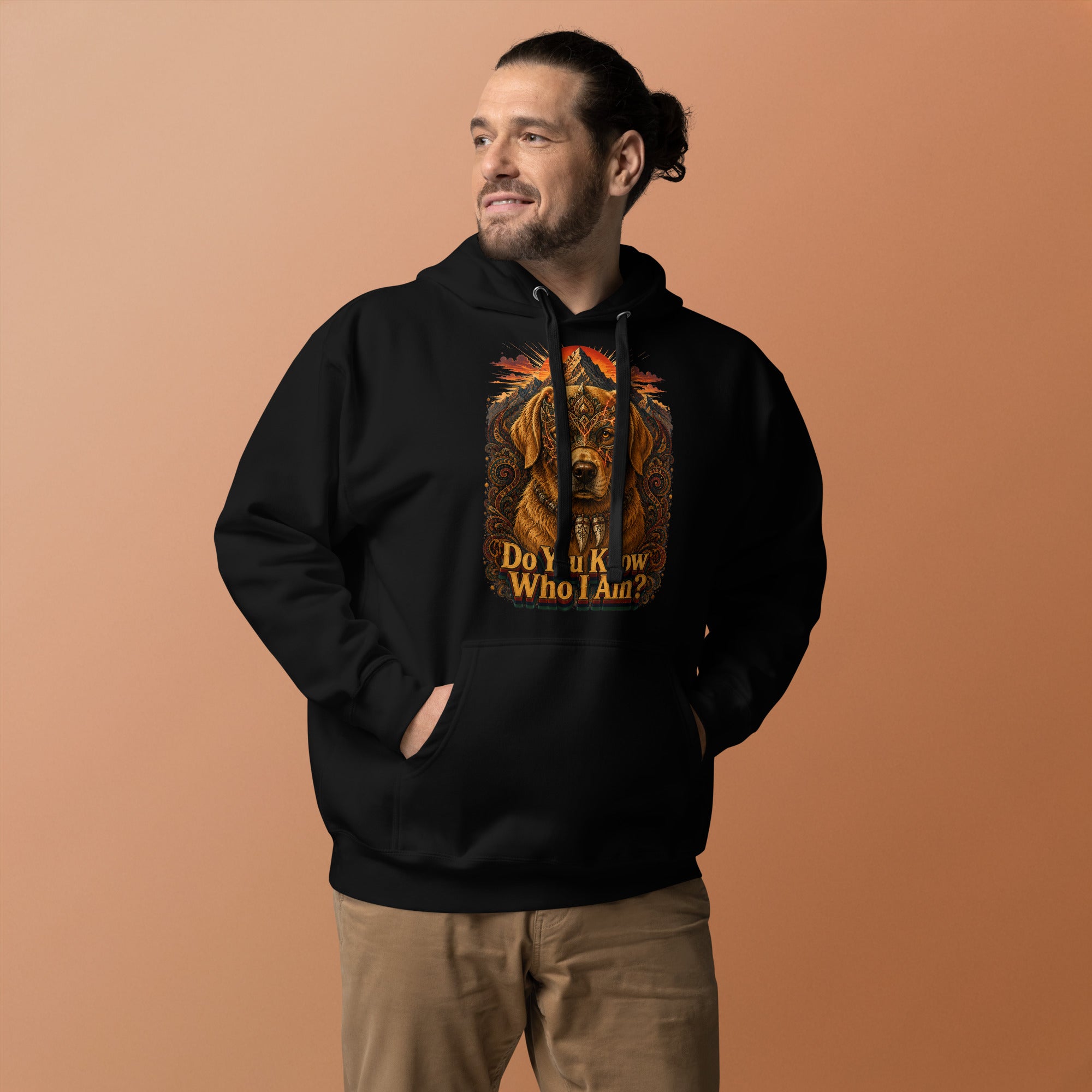 Golden Retriever Lovers Unisex Premium Pullover Hoodie — "Do You Know Who I Am?" Mystical Mask, Mountains, and Tribal Collar Design by printfluence.net
