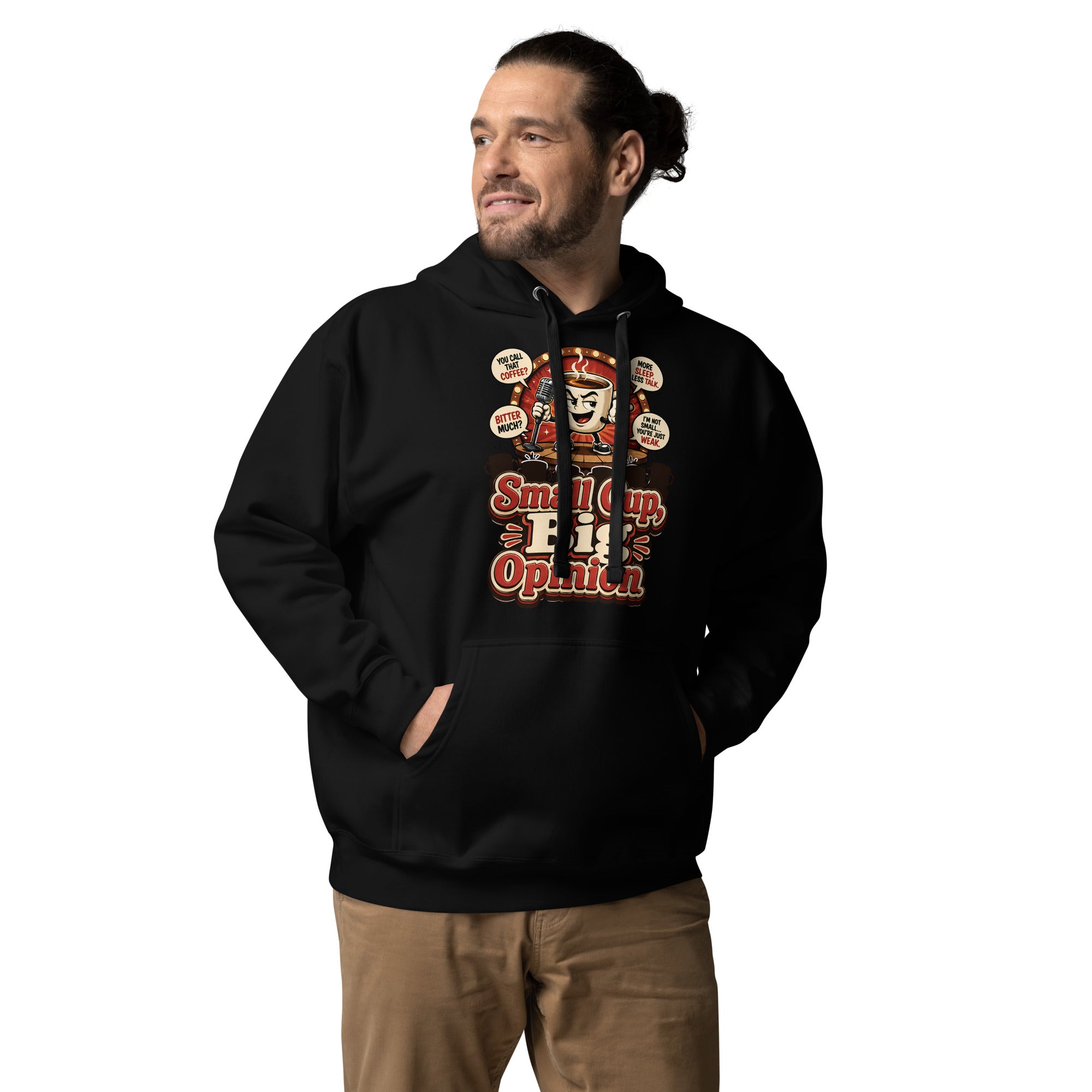 Retro Small Cup Big Opinion Coffee | Premium Unisex Hoodie for Coffee Lovers by printfluence.net