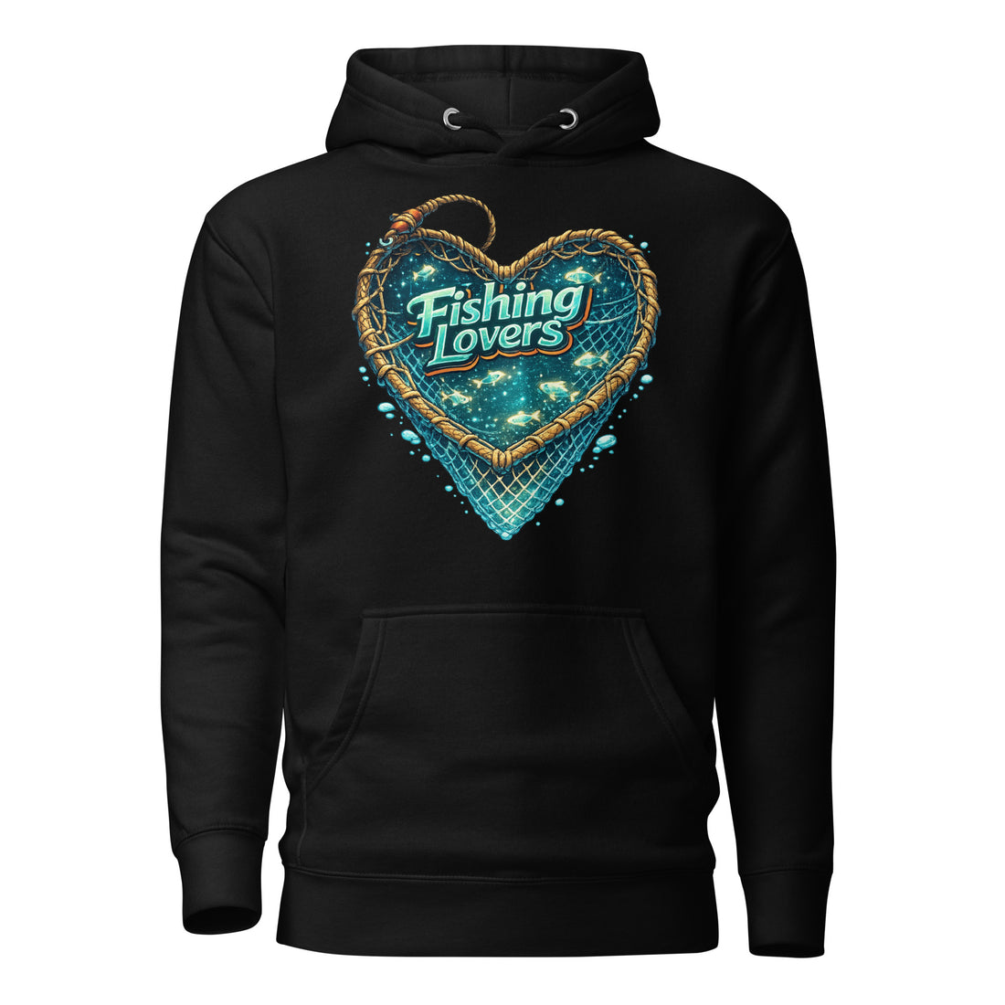 Fishing Lovers Hoodie - Premium Heart Fish Net Graphic Pullover for Anglers & Coffee Lovers by printfluence.net