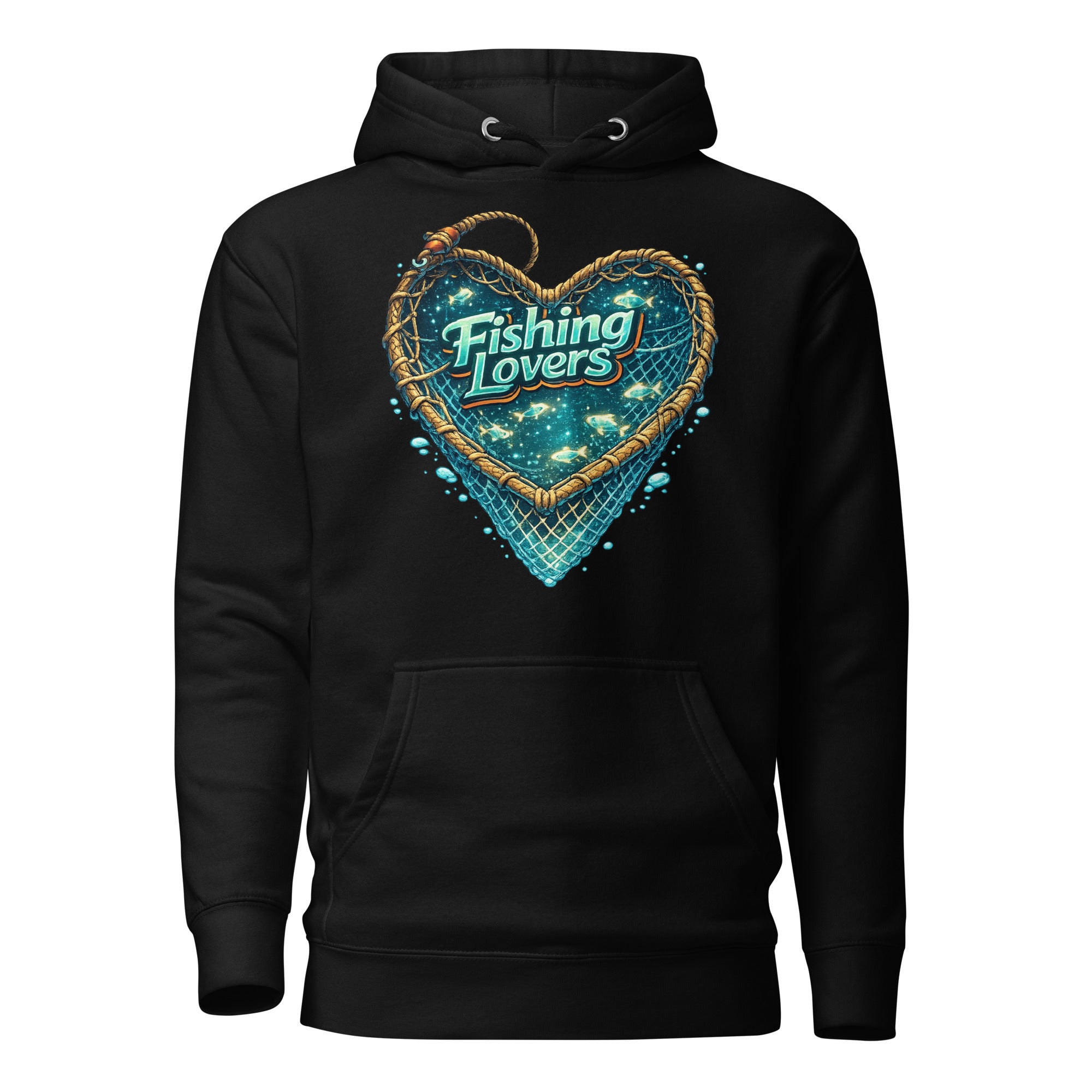 Fishing Lovers Hoodie - Premium Heart Fish Net Graphic Pullover for Anglers & Coffee Lovers by printfluence.net
