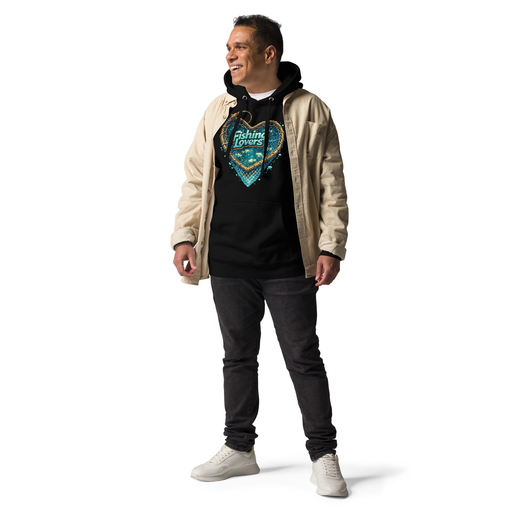 Fishing Lovers Hoodie - Premium Heart Fish Net Graphic Pullover for Anglers & Coffee Lovers by printfluence.net