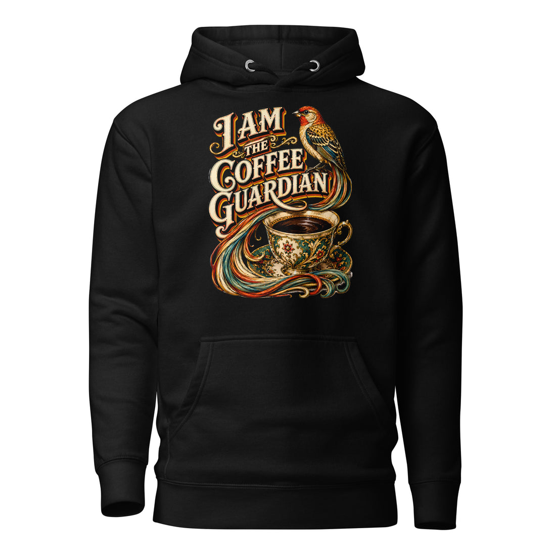 Coffee Lovers Unisex Hoodie The Coffee Guardian – Whimsical Bird & Vintage Cup Graphic Pullover by printfluence.net