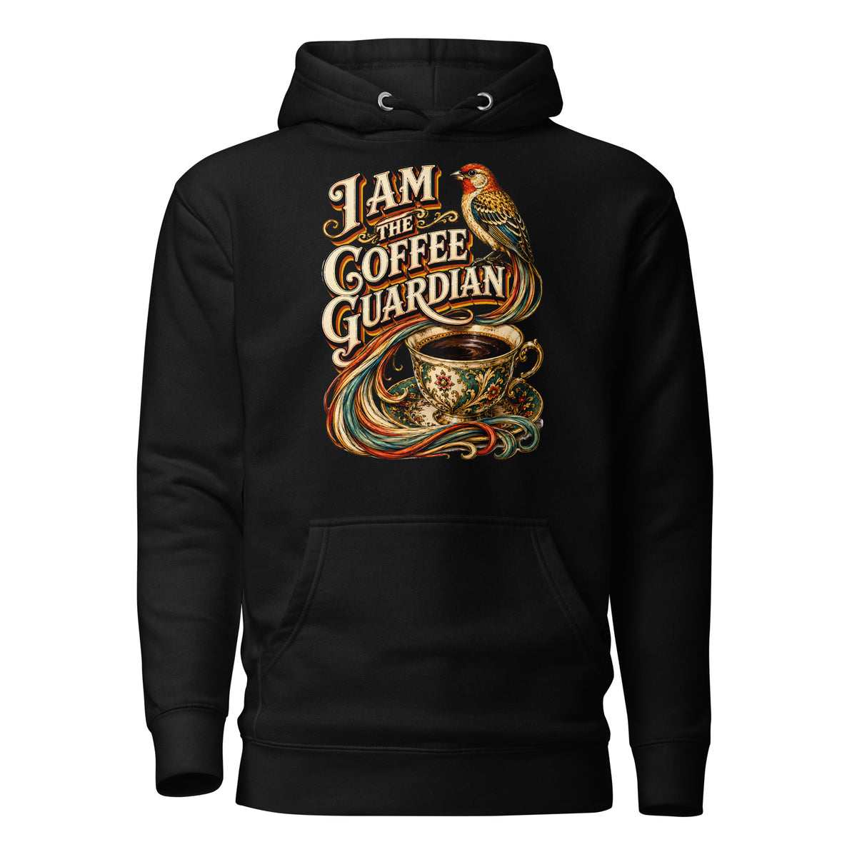 Coffee Lovers Unisex Hoodie The Coffee Guardian – Whimsical Bird & Vintage Cup Graphic Pullover by printfluence.net