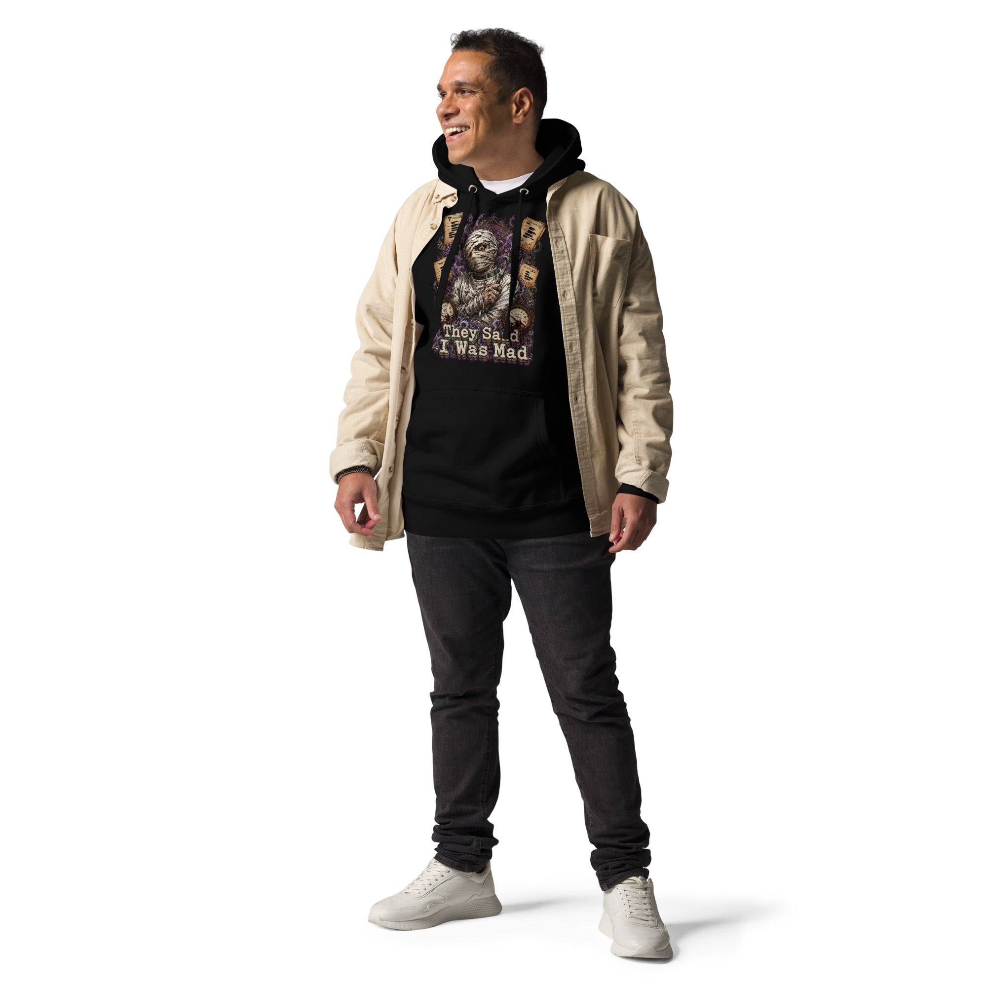 Horror and Mystery Lovers Unisex Premium Pullover Hoodie — "They Said I Was Mad" Asylum Patient and Sanity Meter Design by printfluence.net
