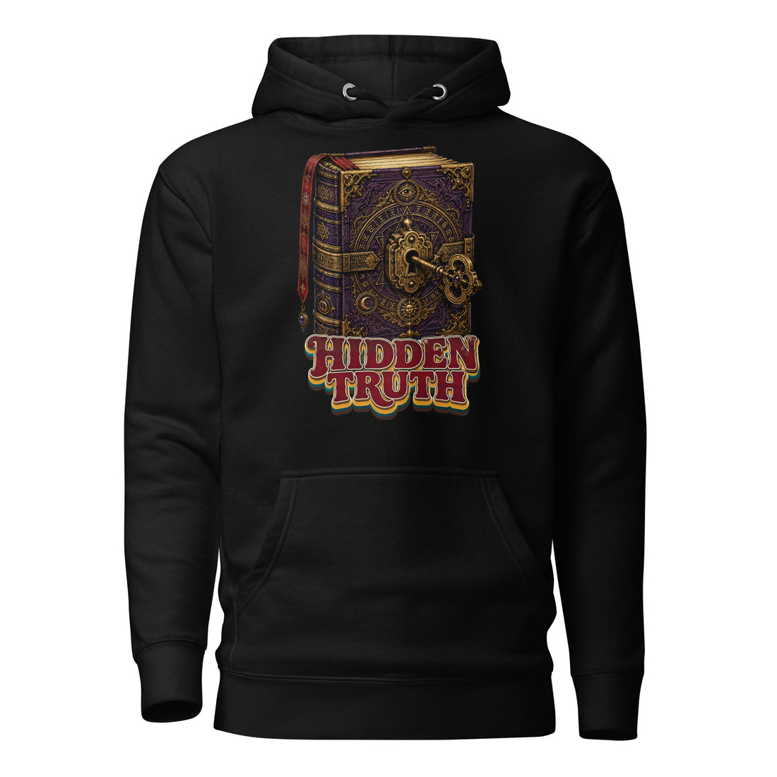 Horror and Mystery Lovers Unisex Premium Pullover Hoodie — "Hidden Truth" Cursed Grimoire and Esoteric Key Design by printfluence.net