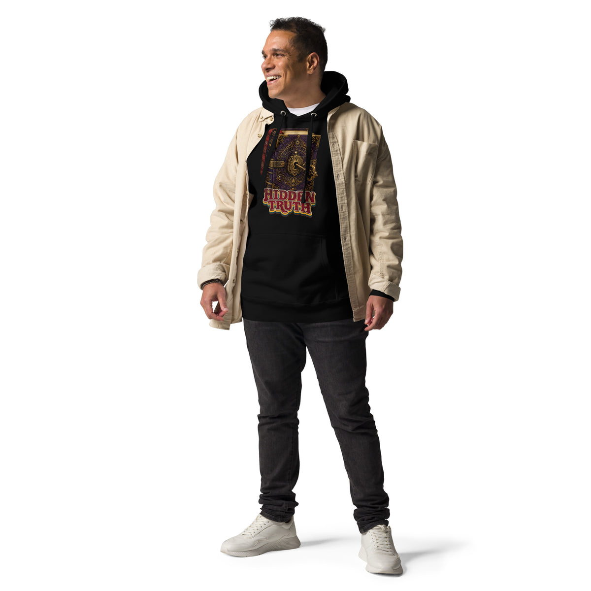 Horror and Mystery Lovers Unisex Premium Pullover Hoodie — "Hidden Truth" Cursed Grimoire and Esoteric Key Design by printfluence.net