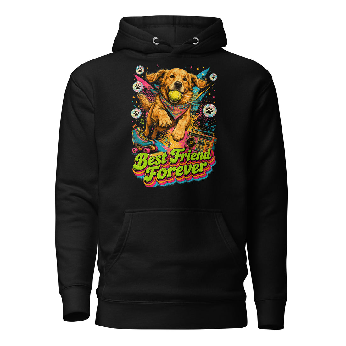 Golden Retriever Lovers Unisex Premium Pullover Hoodie — "Best Friend Forever" Retro 80s Roller Skate and Dog Design by printfluence.net