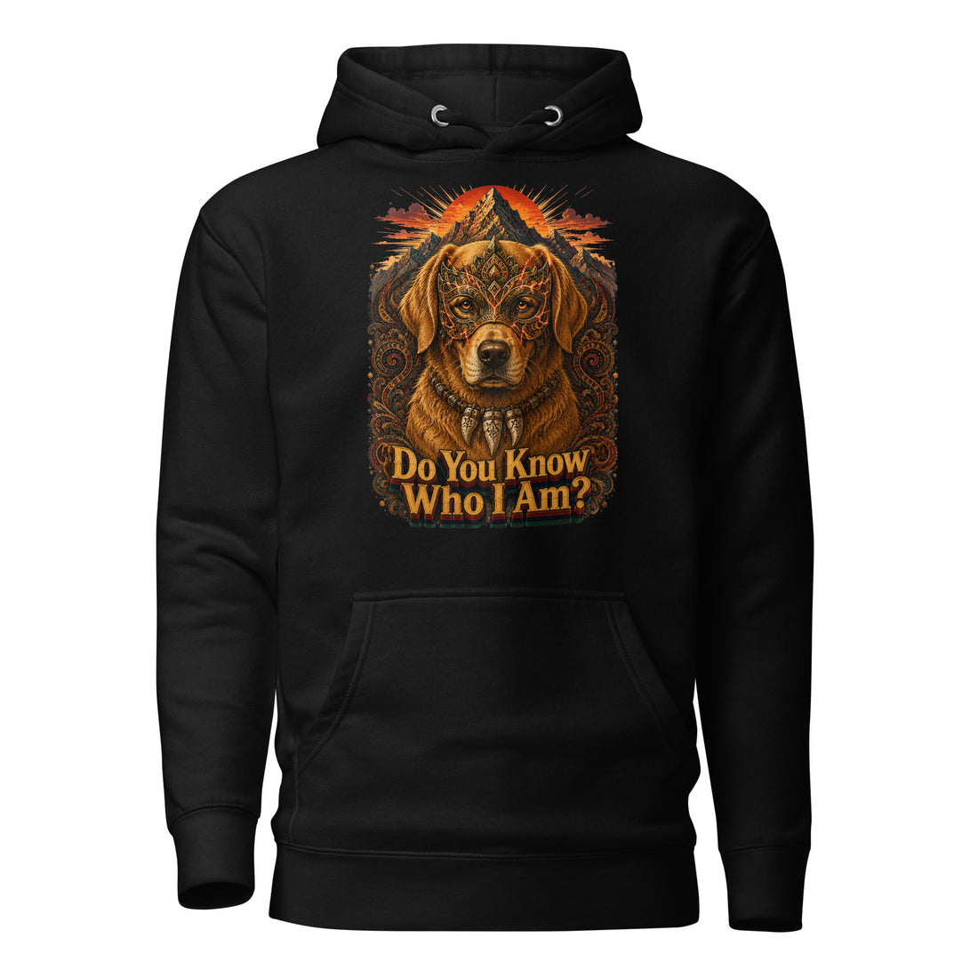 Golden Retriever Lovers Unisex Premium Pullover Hoodie — "Do You Know Who I Am?" Mystical Mask, Mountains, and Tribal Collar Design by printfluence.net