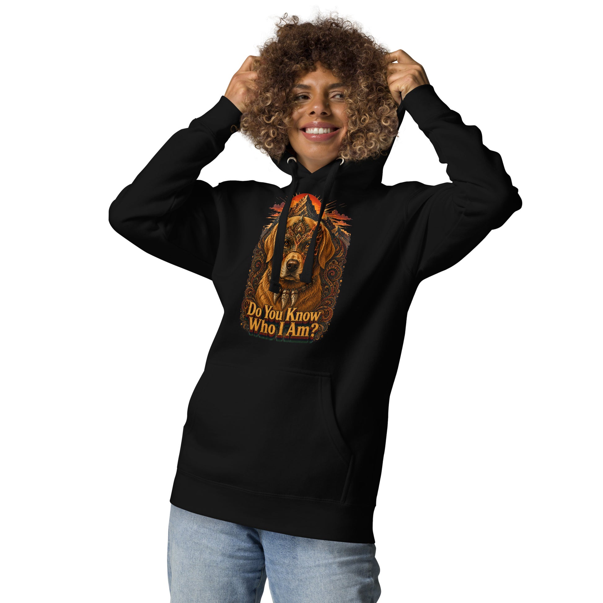 Golden Retriever Lovers Unisex Premium Pullover Hoodie — "Do You Know Who I Am?" Mystical Mask, Mountains, and Tribal Collar Design by printfluence.net