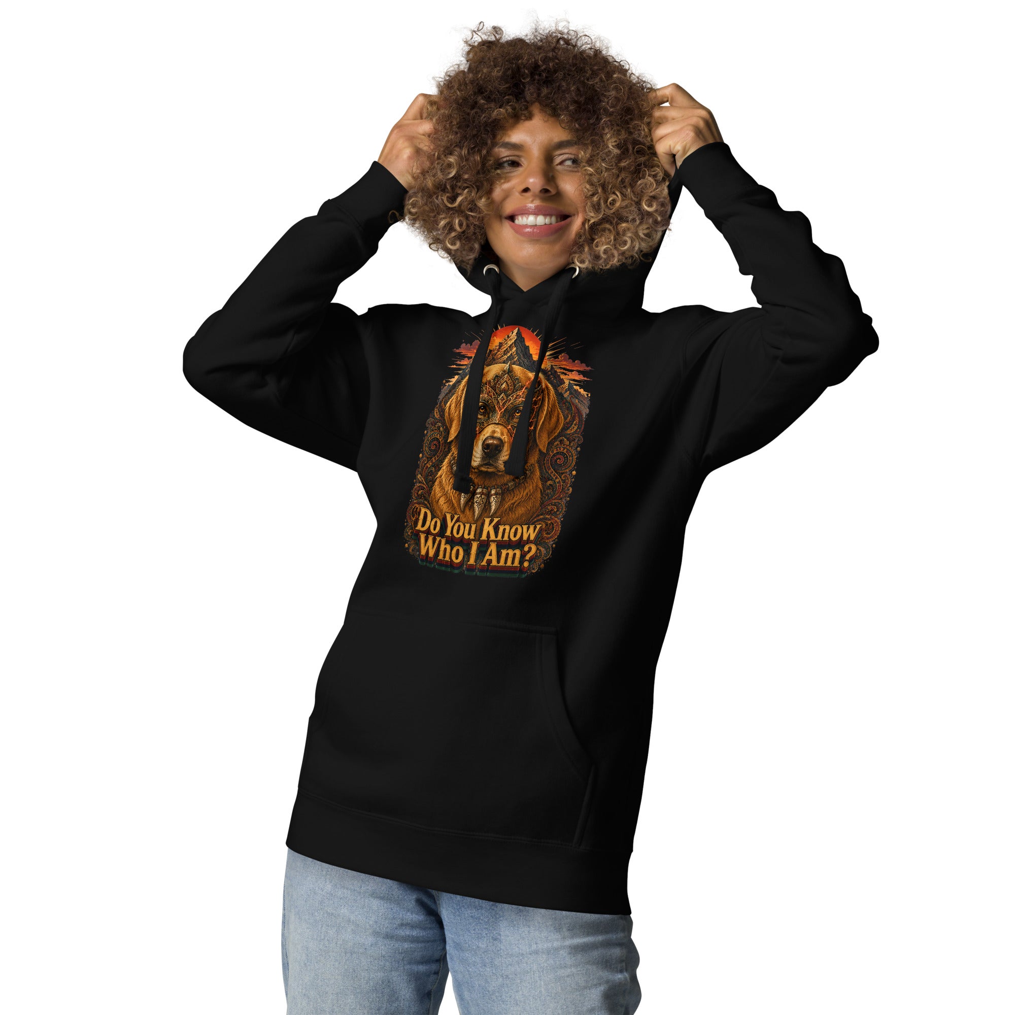 Golden Retriever Lovers Unisex Premium Pullover Hoodie — "Do You Know Who I Am?" Mystical Mask, Mountains, and Tribal Collar Design by printfluence.net