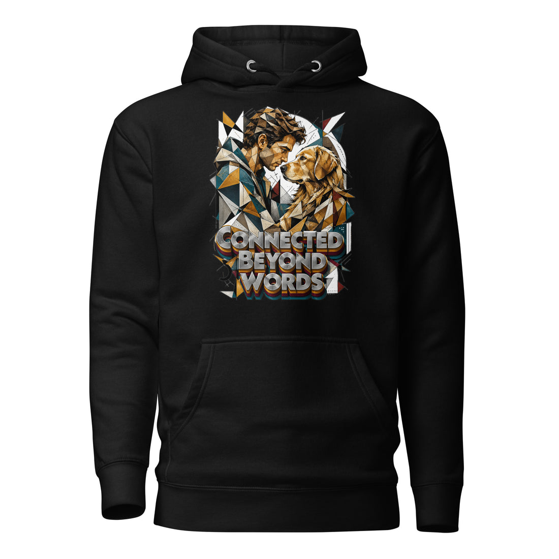Golden Retriever Lovers Unisex Premium Pullover Hoodie — "Connected Beyond Words" Low-Poly Geometric Man and Dog Design by printfluence.net