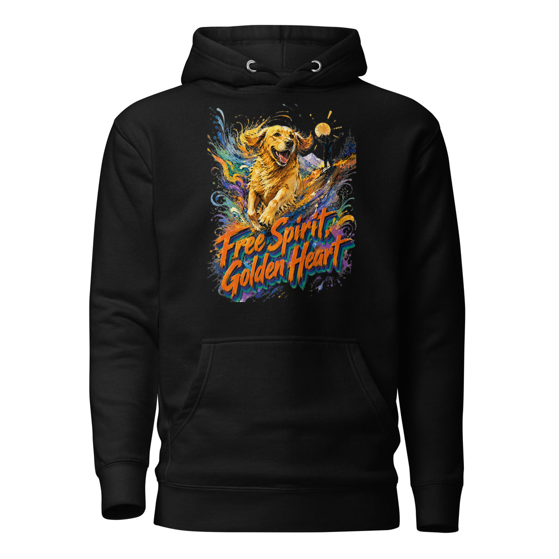 Golden Retriever Lovers Unisex Premium Pullover Hoodie — "Free Spirit, Golden Heart" Running Dog and Mountain Explorer Design by printfluence.net
