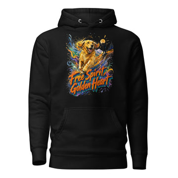 Golden Retriever Lovers Unisex Premium Pullover Hoodie — "Free Spirit, Golden Heart" Running Dog and Mountain Explorer Design by printfluence.net