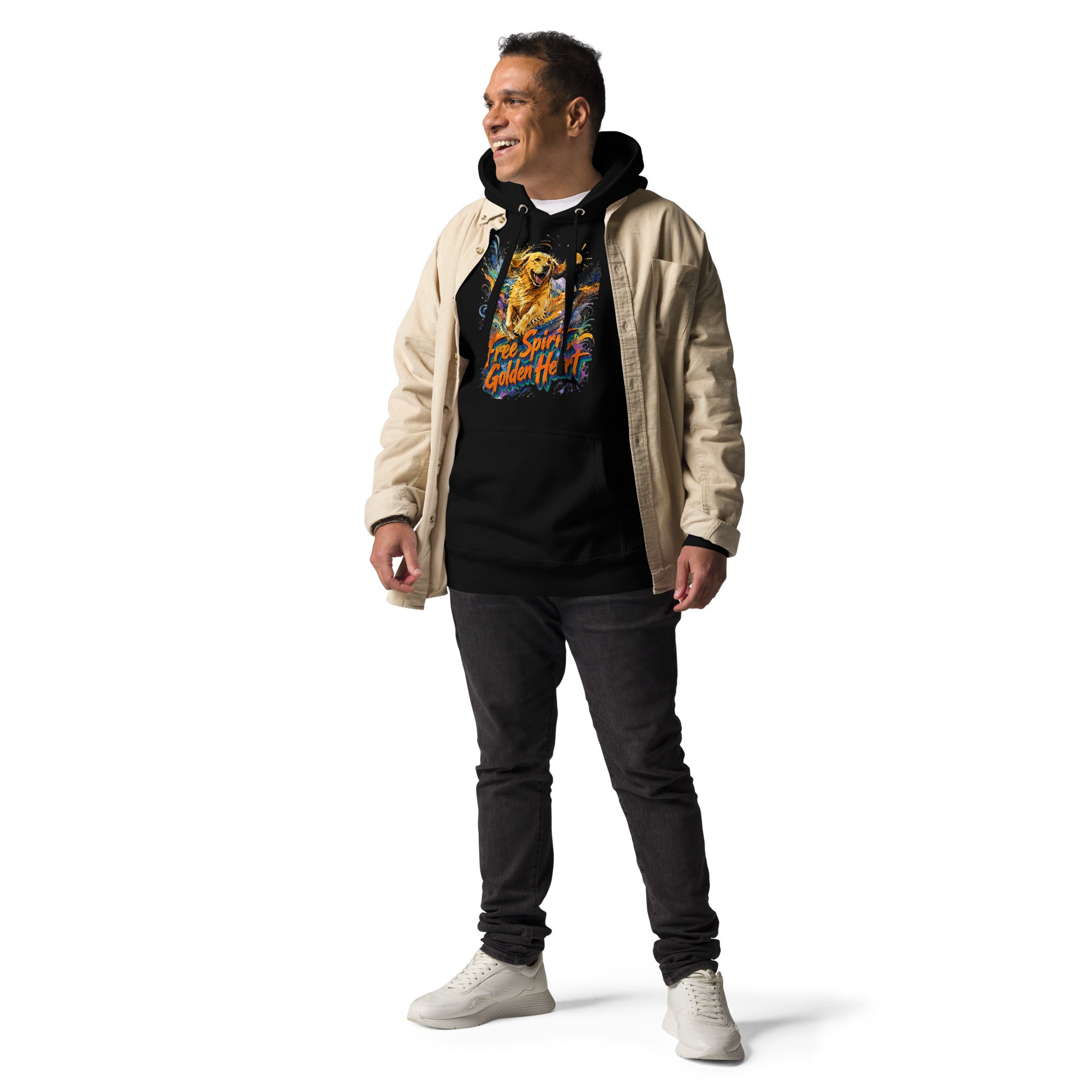 Golden Retriever Lovers Unisex Premium Pullover Hoodie — "Free Spirit, Golden Heart" Running Dog and Mountain Explorer Design by printfluence.net