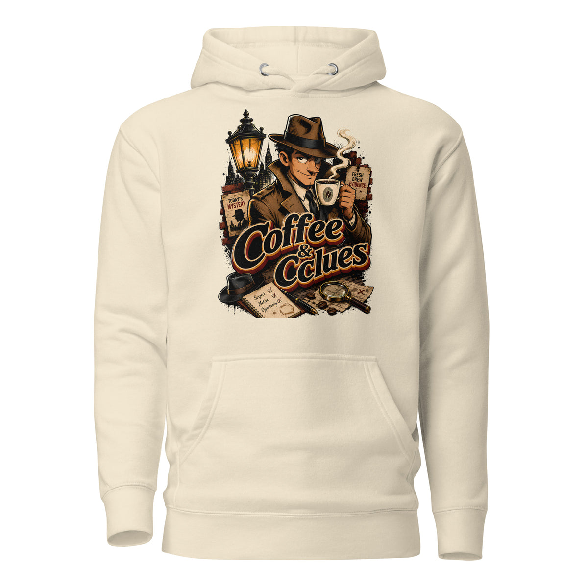 Coffee Lovers Unisex Hoodie Coffee & Clues – Noir Detective Style Graphic Pullover by printfluence.net