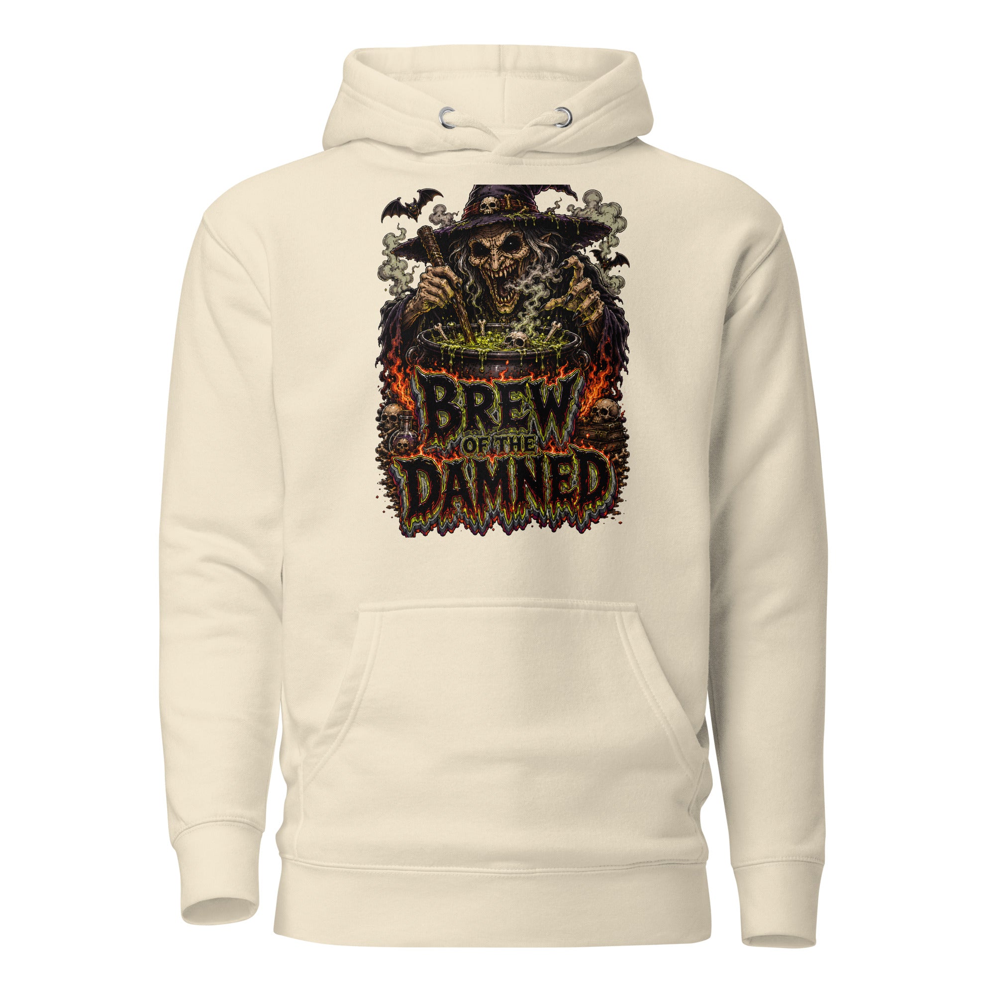 Horror & Mystery Lovers Unisex Premium Pullover Hoodie with "Brew of the Damned" Witch Cauldron Design by printfluence.net