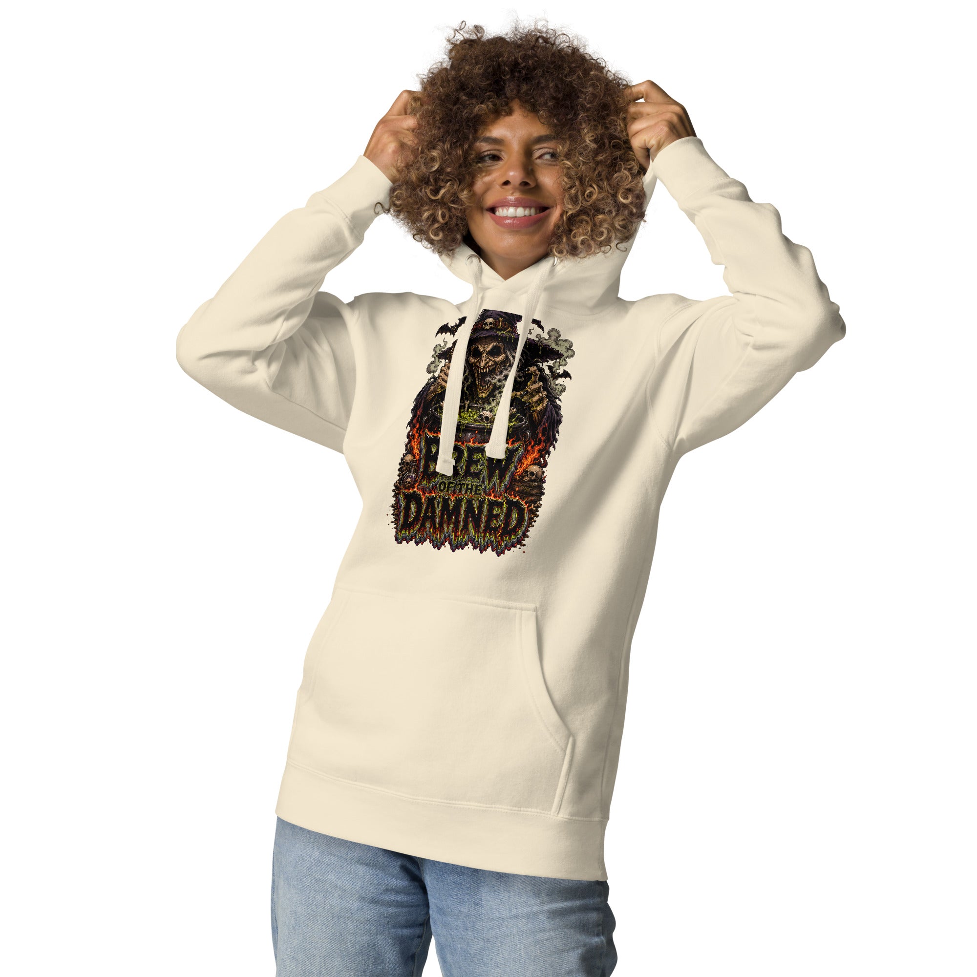 Horror & Mystery Lovers Unisex Premium Pullover Hoodie with "Brew of the Damned" Witch Cauldron Design by printfluence.net