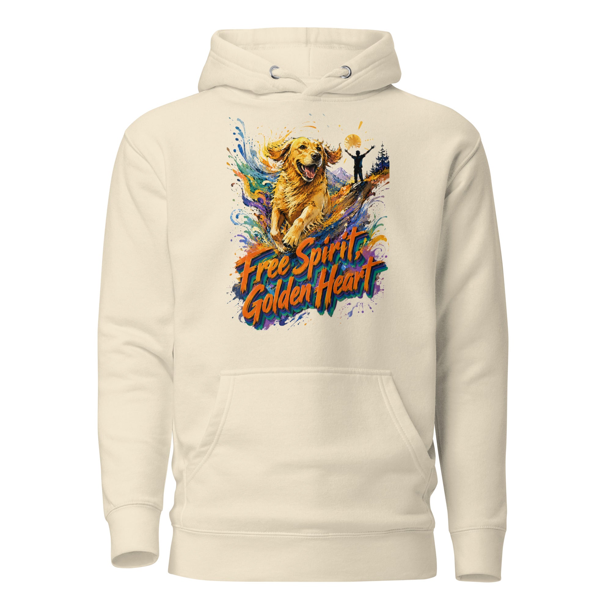 Golden Retriever Lovers Unisex Premium Pullover Hoodie — "Free Spirit, Golden Heart" Running Dog and Mountain Explorer Design by printfluence.net
