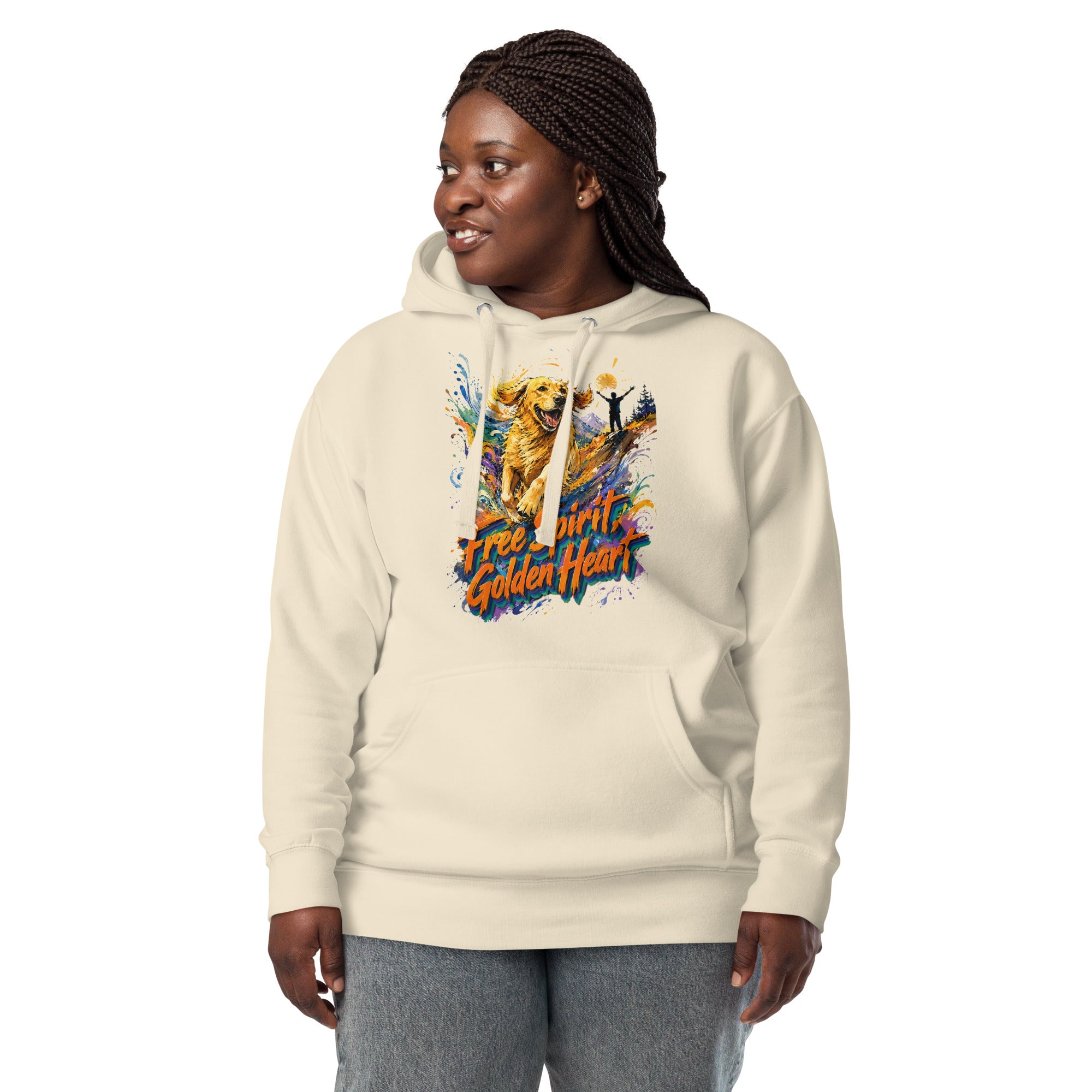 Golden Retriever Lovers Unisex Premium Pullover Hoodie — "Free Spirit, Golden Heart" Running Dog and Mountain Explorer Design by printfluence.net