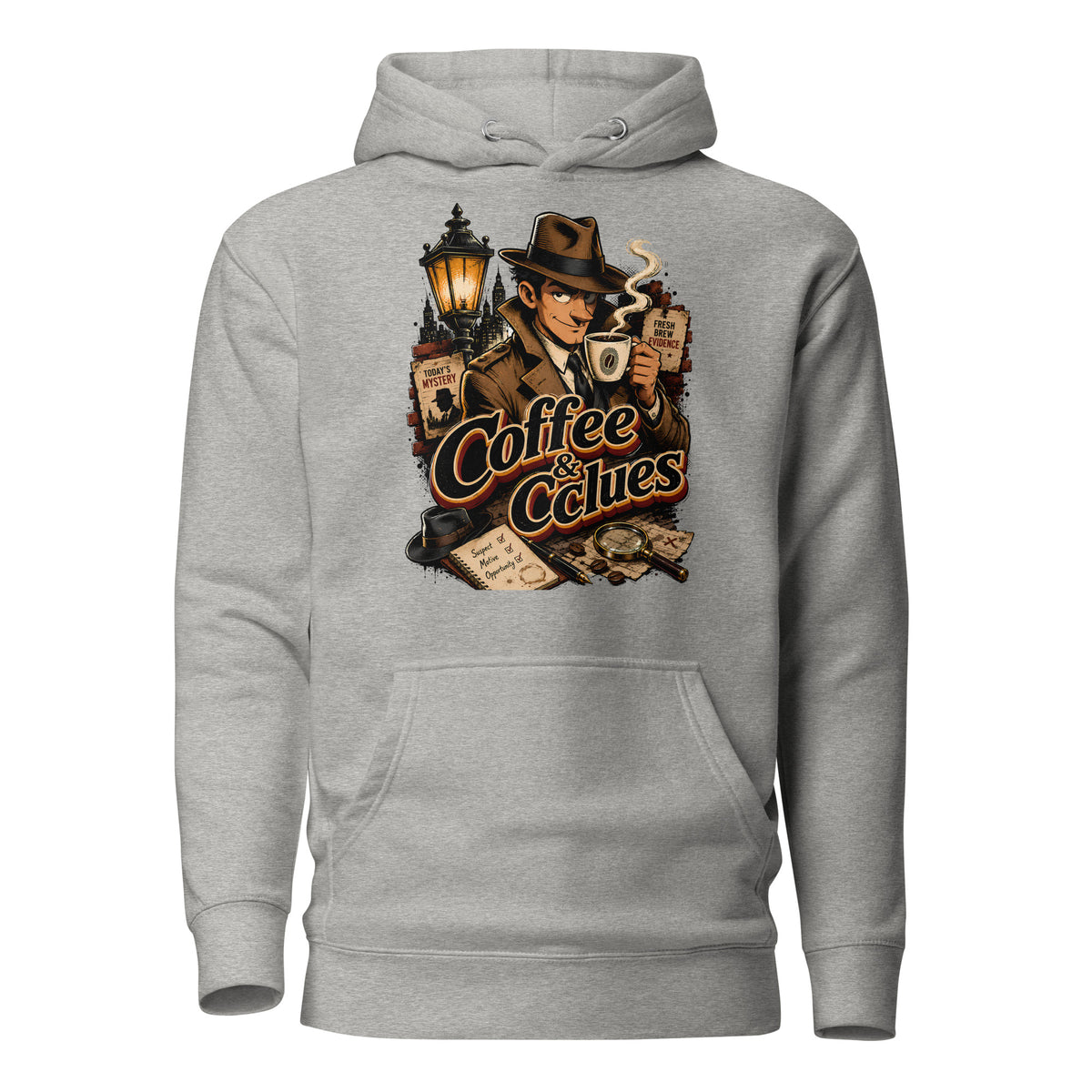Coffee Lovers Unisex Hoodie Coffee & Clues – Noir Detective Style Graphic Pullover by printfluence.net