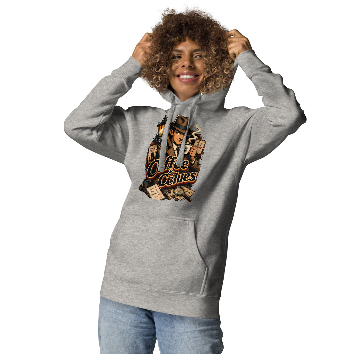 Coffee Lovers Unisex Hoodie Coffee & Clues – Noir Detective Style Graphic Pullover by printfluence.net